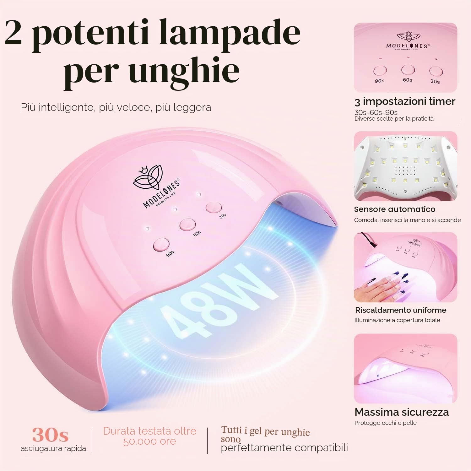 Modelones Set di Smalti UV Con Lampada 48 W - 12 Colori Rosa, Bianco, Verde, Base Top Coat per Manicure e Unghie in Gel