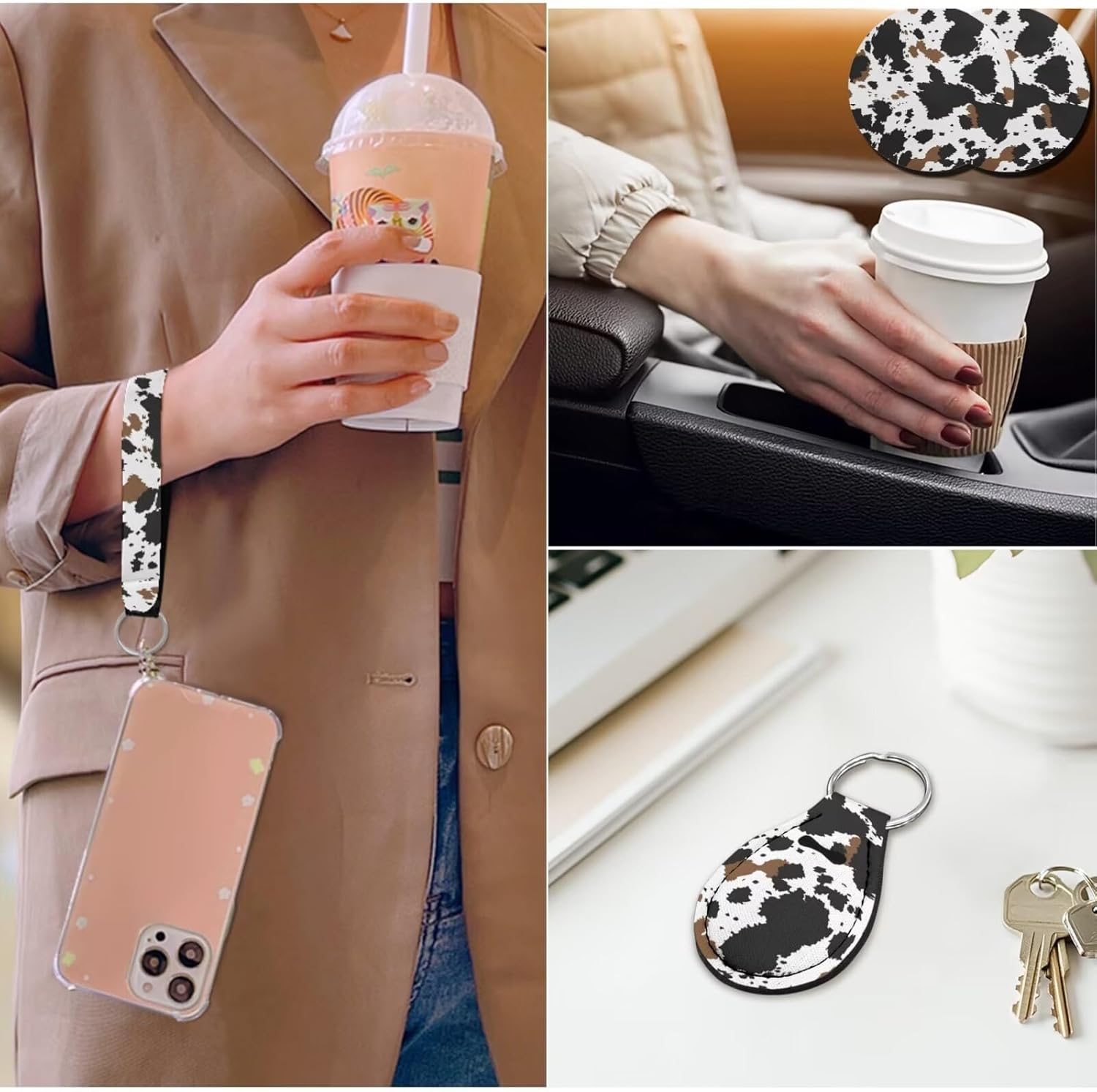 Cow Seat Covers for Cars Full Set Western Steering Wheel Cover for Women Rustic Seat Belt Cover Armrest Pad Cup Holder with Keychain Fit for Auto SUV Accessories 14 Pcs