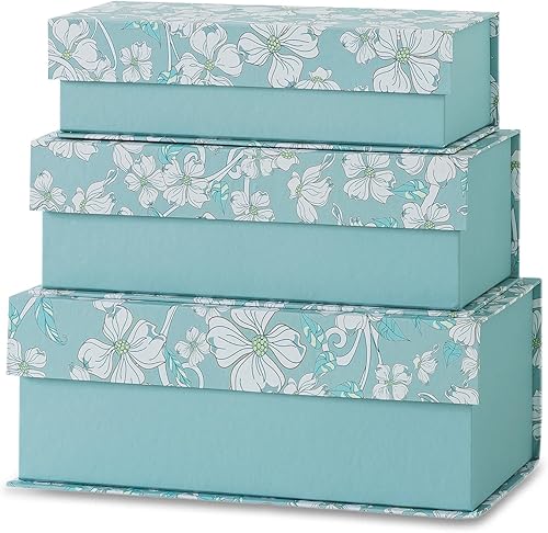 Cajas de almacenamiento decorativas botánicas azules con tapas, juego de 3 cajas de recuerdo florales blancas con cierre magnético, almacenamiento