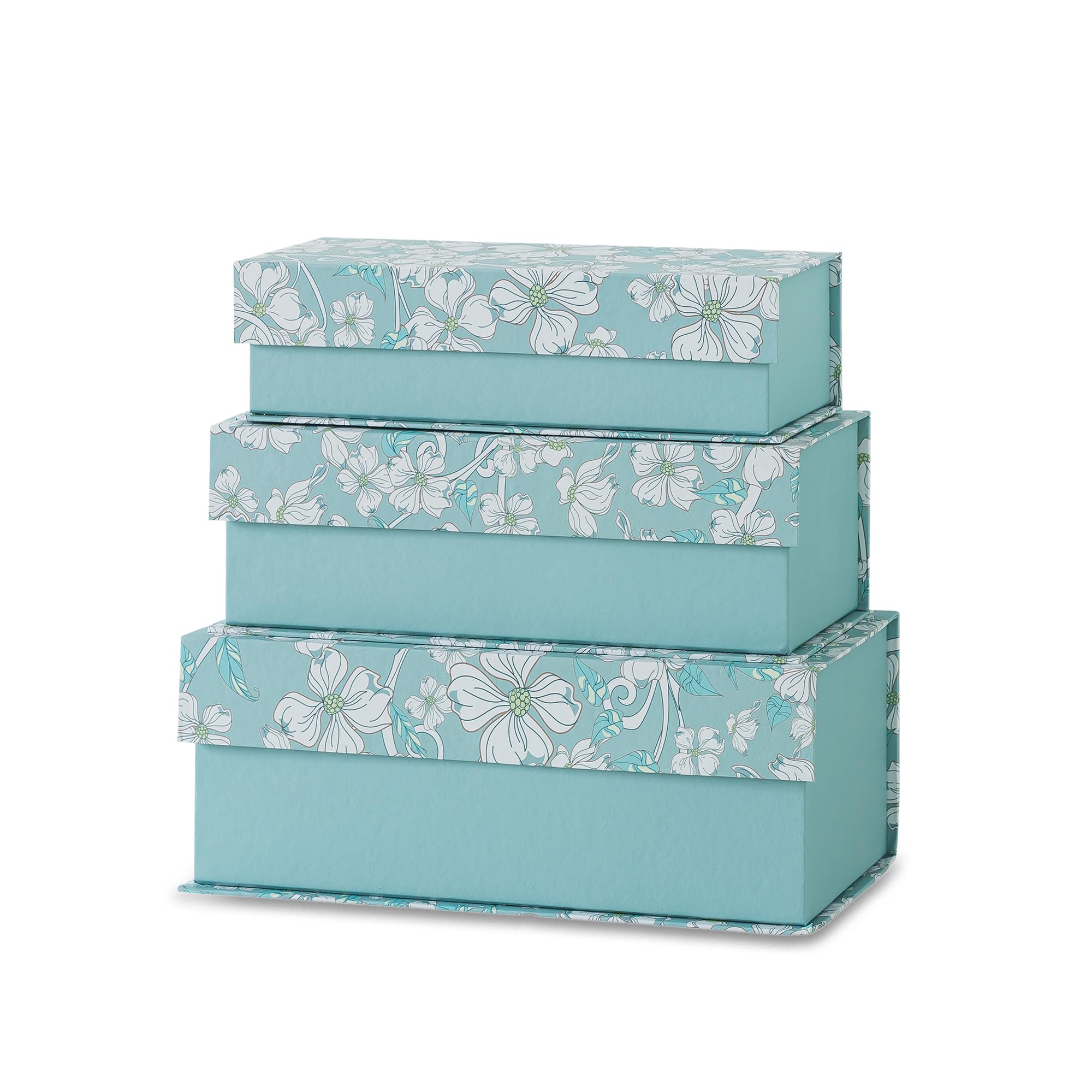 Blue Botanical Decorative Storage Boxes with Lids - Set of 3: White Floral Memory Keepsake Boxes with Magnetic Closure, Cardboard Storage for Photos, Organizing and Home Décor, Lovely Gift Boxes