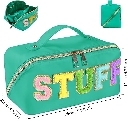 Miniatura 4 de Preppy Stuff - Bolsa de maquillaje, bolsa de aseo de viaje con trébol de piedra, bolsa de maquillaje con letras de chenilla, bolsa de maquillaje