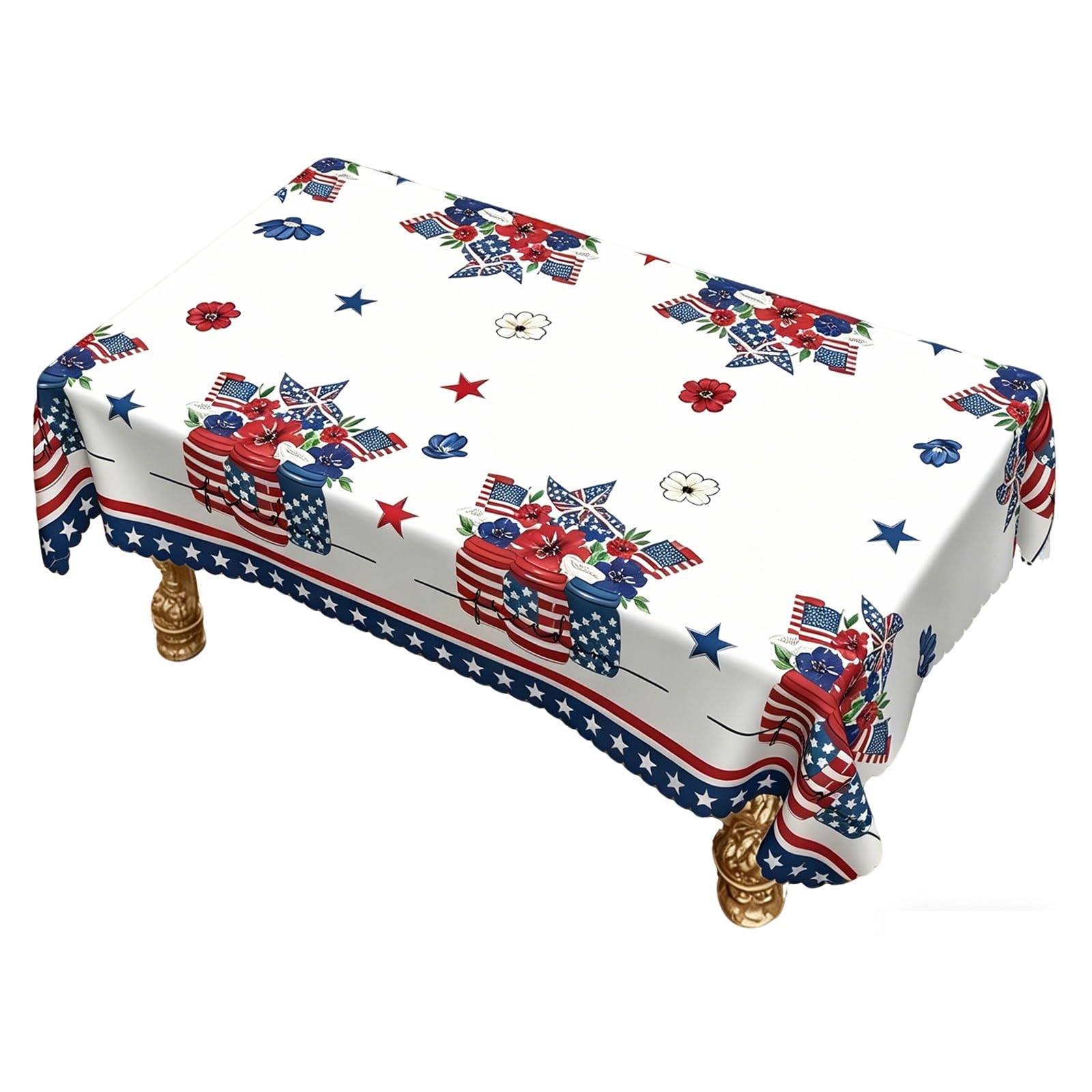 Tsophreniq 4Th of July Tablecloth Rectangular Patriotics Flowers Print Table Cover Washable Independences Day Memorial Day Decors America Flag Tablecloth