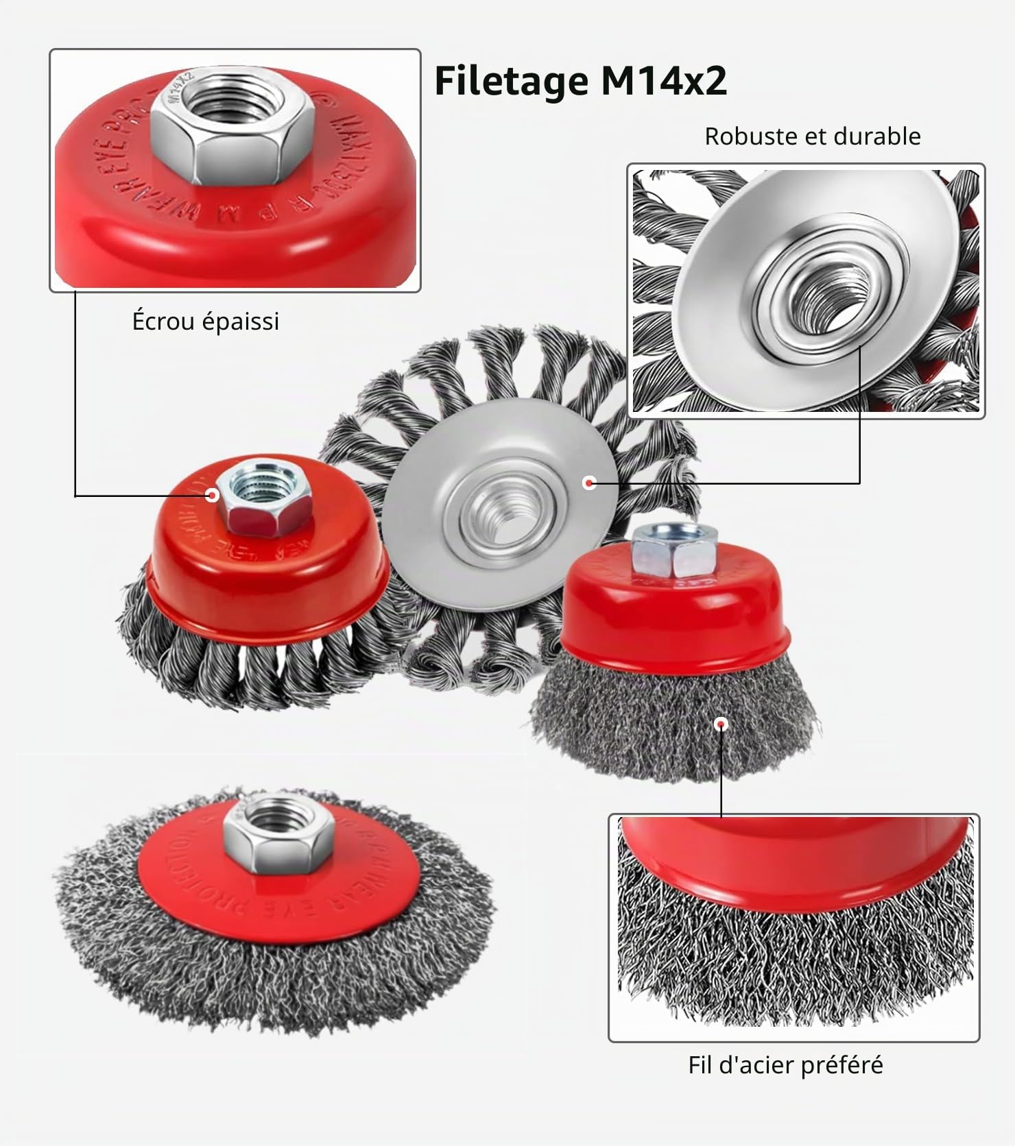 Lot de 8 brosse metallique meuleuse m14 pour meuleuses d'angle, brosse metallique disqueuse m14,80 mm et brosse métallique flexible 120 mm, pour rouiller, polir, meuler