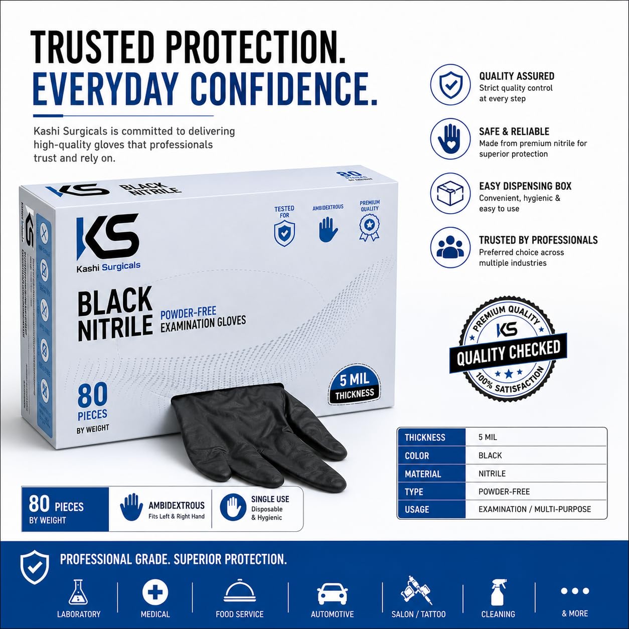 Kashi Surgicals Powder Free Nitrile Gloves, Food Grade, Made In Malaysia (Large, Black, Box Of 80) (Large), Pack of 1 3