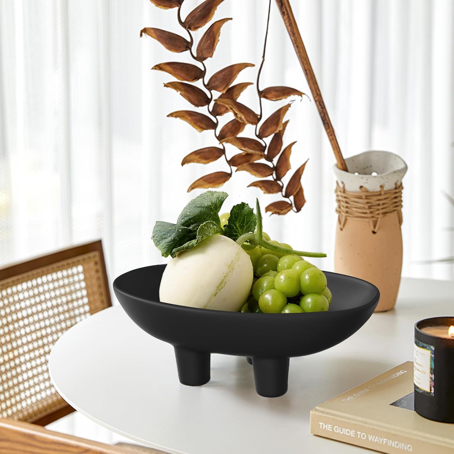 10" Black Ceramic Fruit Bowl for Kitchen Counter, 3-Legs Decorative Bowl