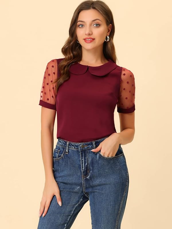 Allegra K Women's Peter Pan Collar Shirt Tops Short Sleeve 1950s Vintage Polka Dots Mesh Sleeve Blouse Small Wine Red by Allegra K - Used condition - Image 5