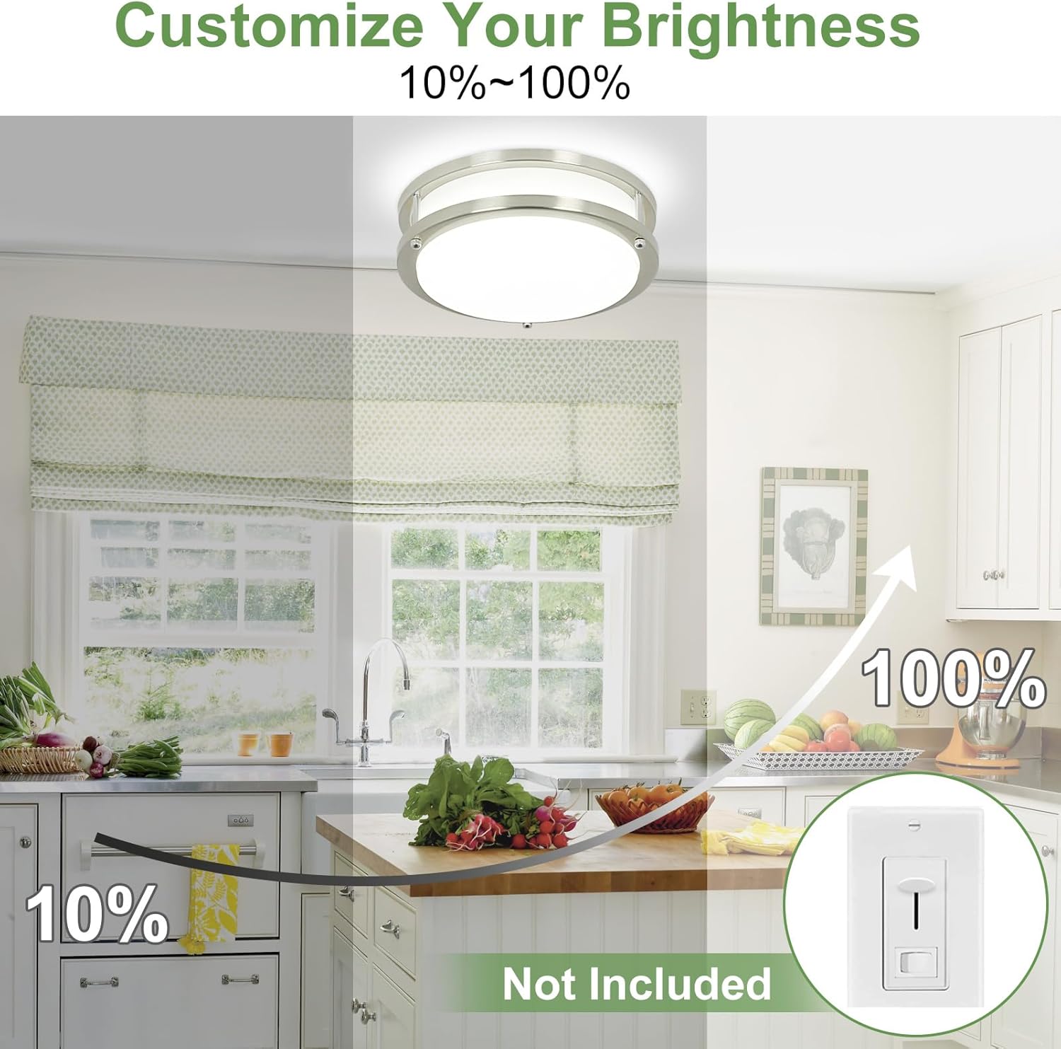 DLLT 24W LED Ceiling Light Fixture, 10 in Flush Mount Ceiling Light, Brushed Nickel Round Lamp for Bedroom, Kitchen, Hallway, Closet, 3000-6000K 5 Color Adjustable, Super Bright