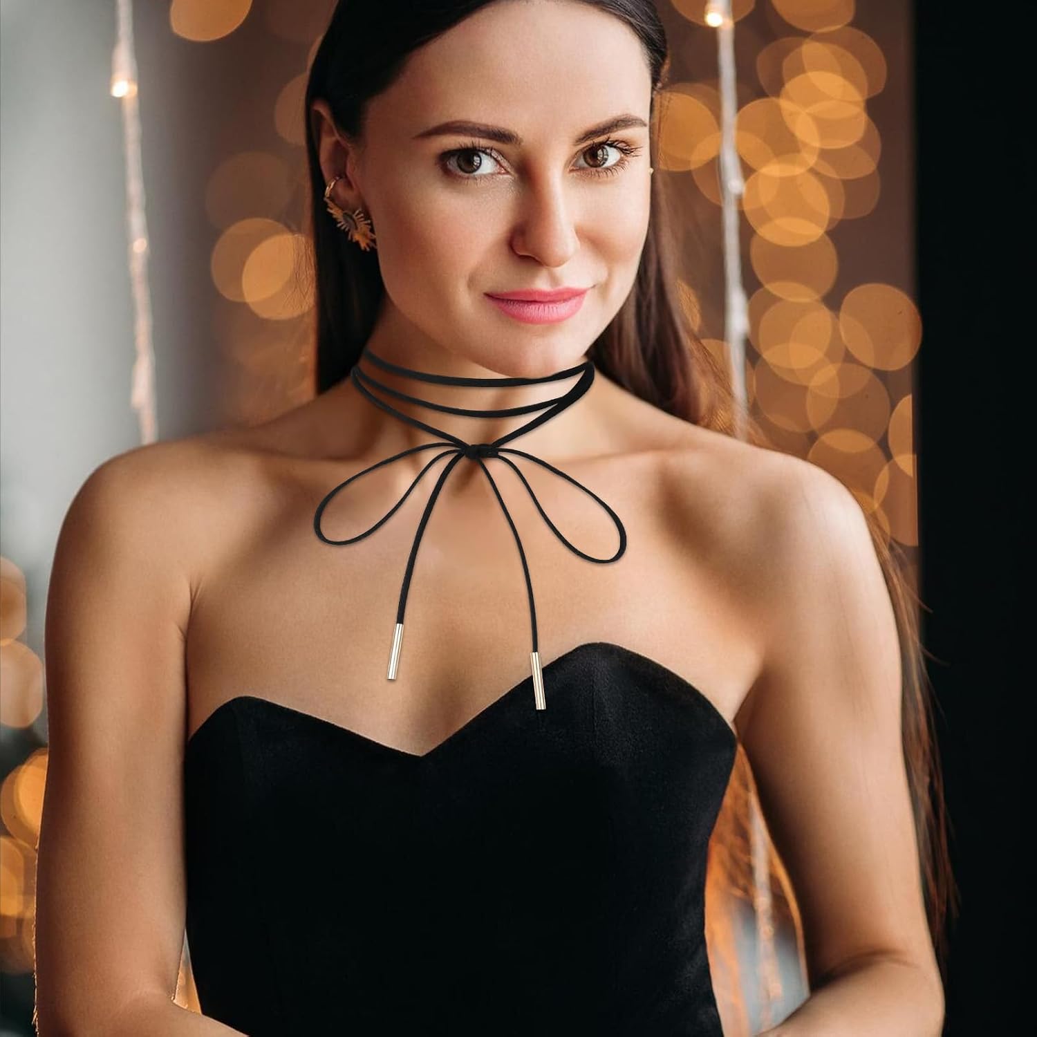 Black Choker Necklace Gothic Bow knot Choker for Women Velvet Long Wrap Rope Collar Tie Neck Chain with Gold Tube Ribbon Suede Jewelry for Party Prom