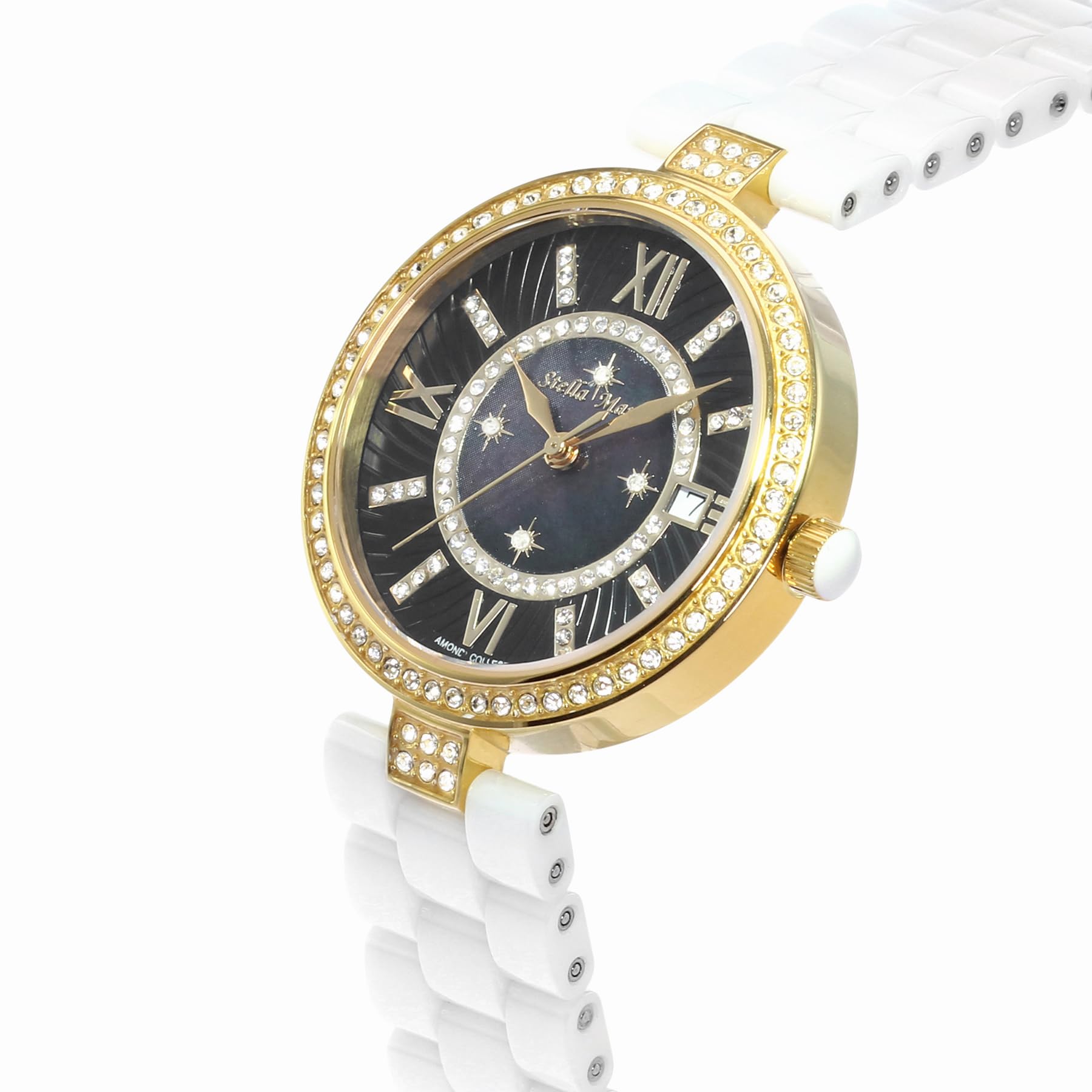 Stella Maris Damen Armbanduhr - Analog Quarz - Premium Keramik Armband - Perlmutt Zifferblatt - Diamanten und Swarovski Elemente - STM15SM5