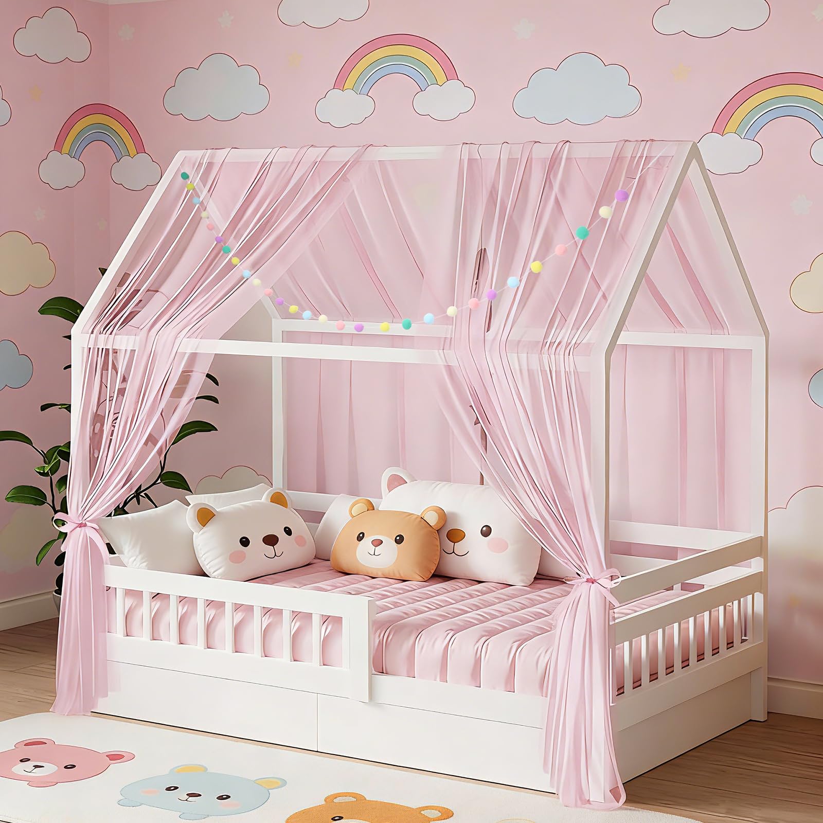 DOINEUFL 2 Stück Hausbett Himmel für Kinderbett, 160x350cm mit Farbiger Pompon-Girlande & Befestigungsbändern, leichte atmungsaktive Stoffvorhänge für Hausbett Deko, Mückenschutz (Rosa)