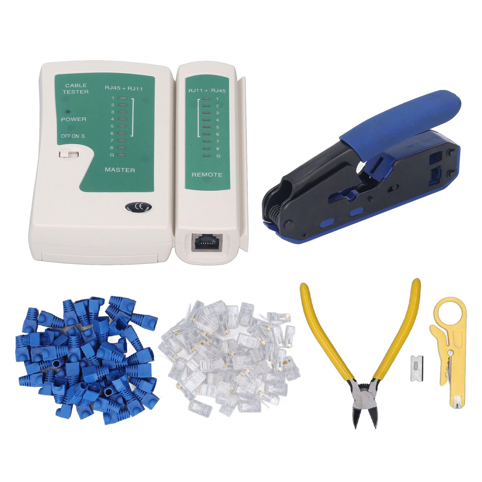 Kit d'outils de sertissage RJ45, ensemble d'outils de sertissage avec testeur de câble réseau, tête de cristal 8P8C pour connecteur Cat5 Cat6, comprend une pince à dénuder, un