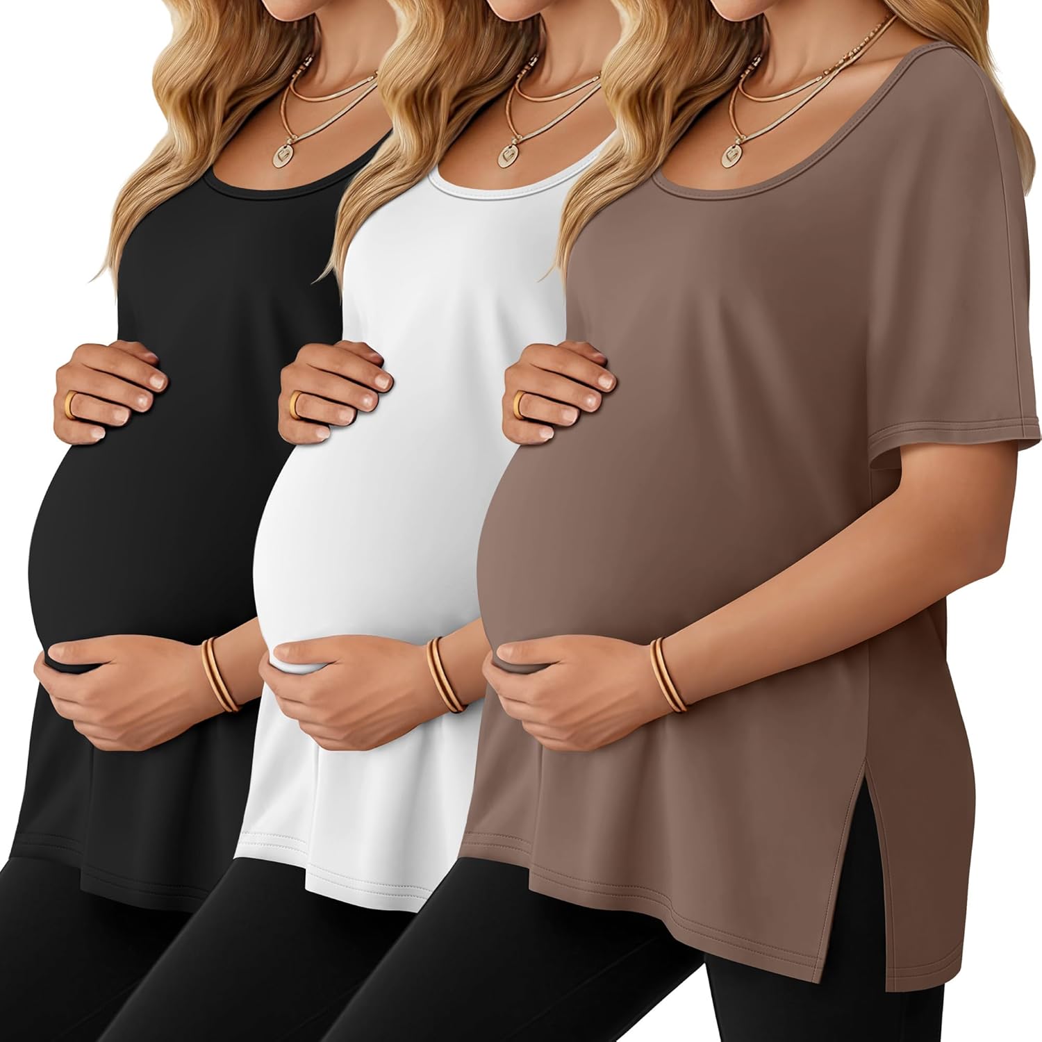 Riyiper 3 Pack Women's Maternity Shirts Side Split U Neck Loose Pregnancy Tops Tunic Blouses Casual Summer Clothes
