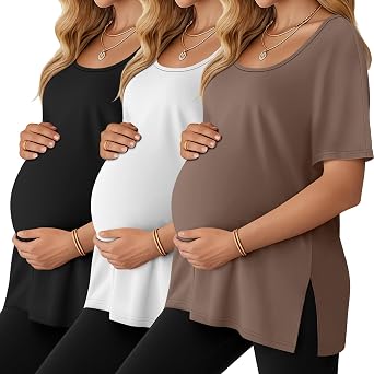 Riyiper 3 Pack Womens Maternity Shirts Side Split U Neck Loose Pregnancy Tops Tunic Blouses Casual Summer Clothes