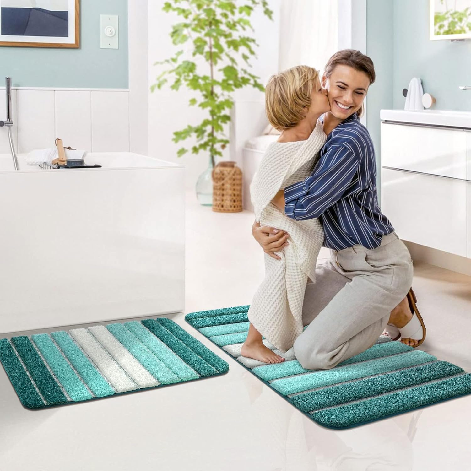 DEXI Bath Mats Bathroom Rugs and Mats Sets Absorbent Non-Slip Washable Shower Floor Mats Small Carpets 16"x24"+20"x32" Turquoise