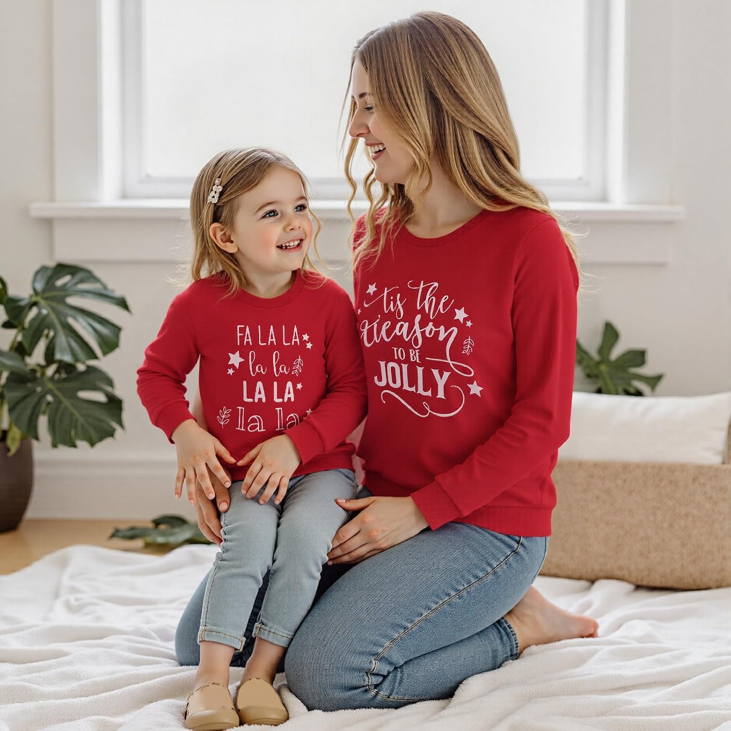 Mommy and Me Christmas Sweatshirt - Long Sleeve Letter Print Crewneck Pullover Top - Family Matching Outfits