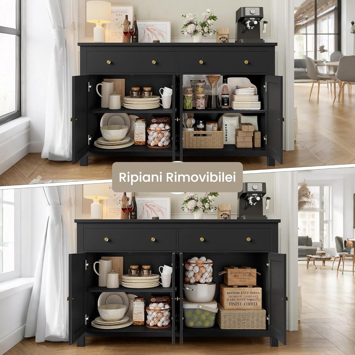 FirFurd Credenza Cucina 140CM,Madia Cucina con 2 Cassetti e 4 Ante Nero | Mobile Cucina con Piano Superiore Ampio Allungato｜Ripiani Regolabili o Rimovibili｜per Soggiorno, Cucina 140x40x89cm