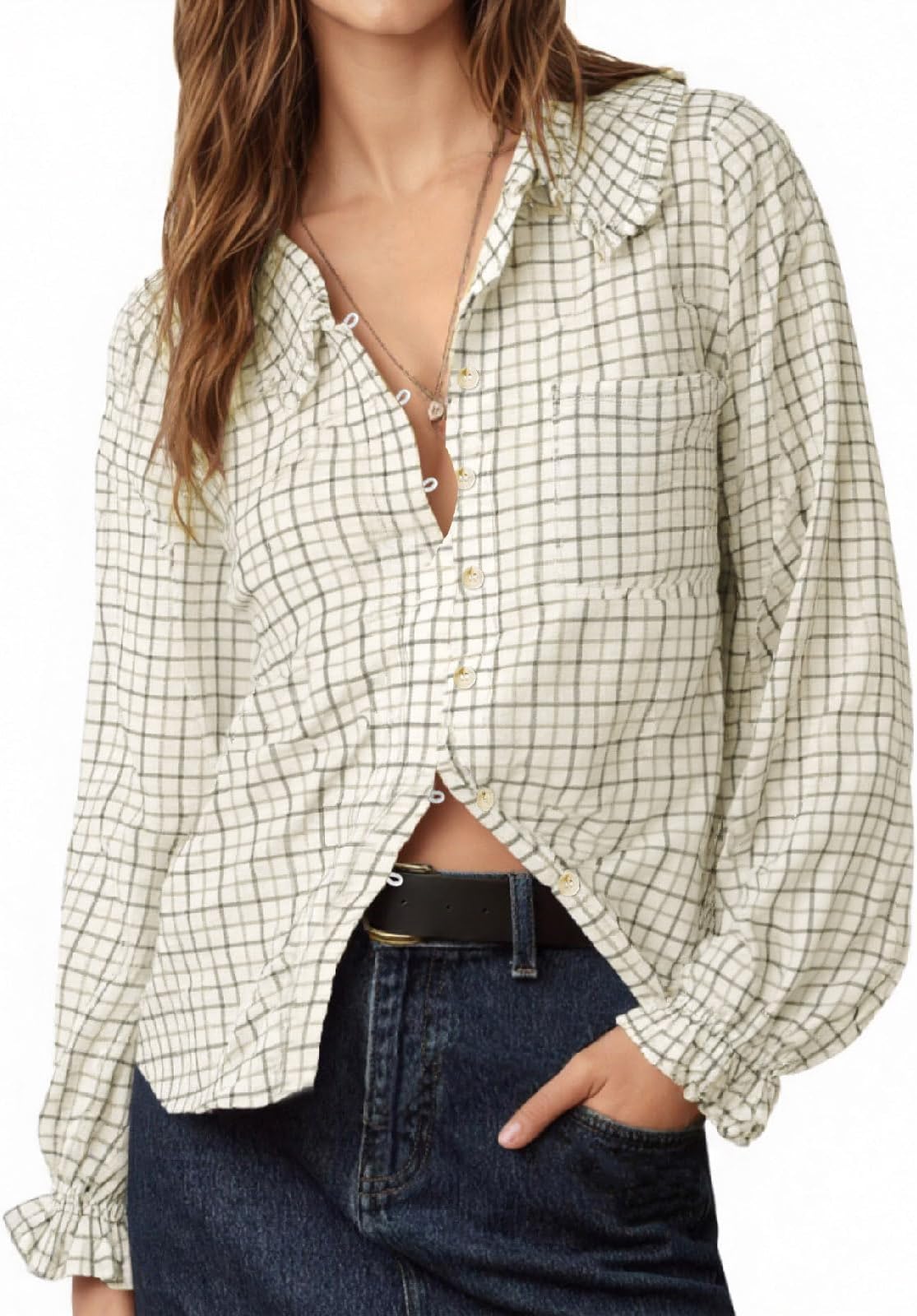 Womens Peter Pan Collar Button Down Shirts Long Sleeve Plaid Blouse Dressy Casual Fall Tops
