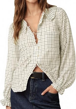 Tankaneo Womens Peter Pan Collar Button Down Shirts Long Sleeve Plaid Blouse Dressy Casual Fall Tops