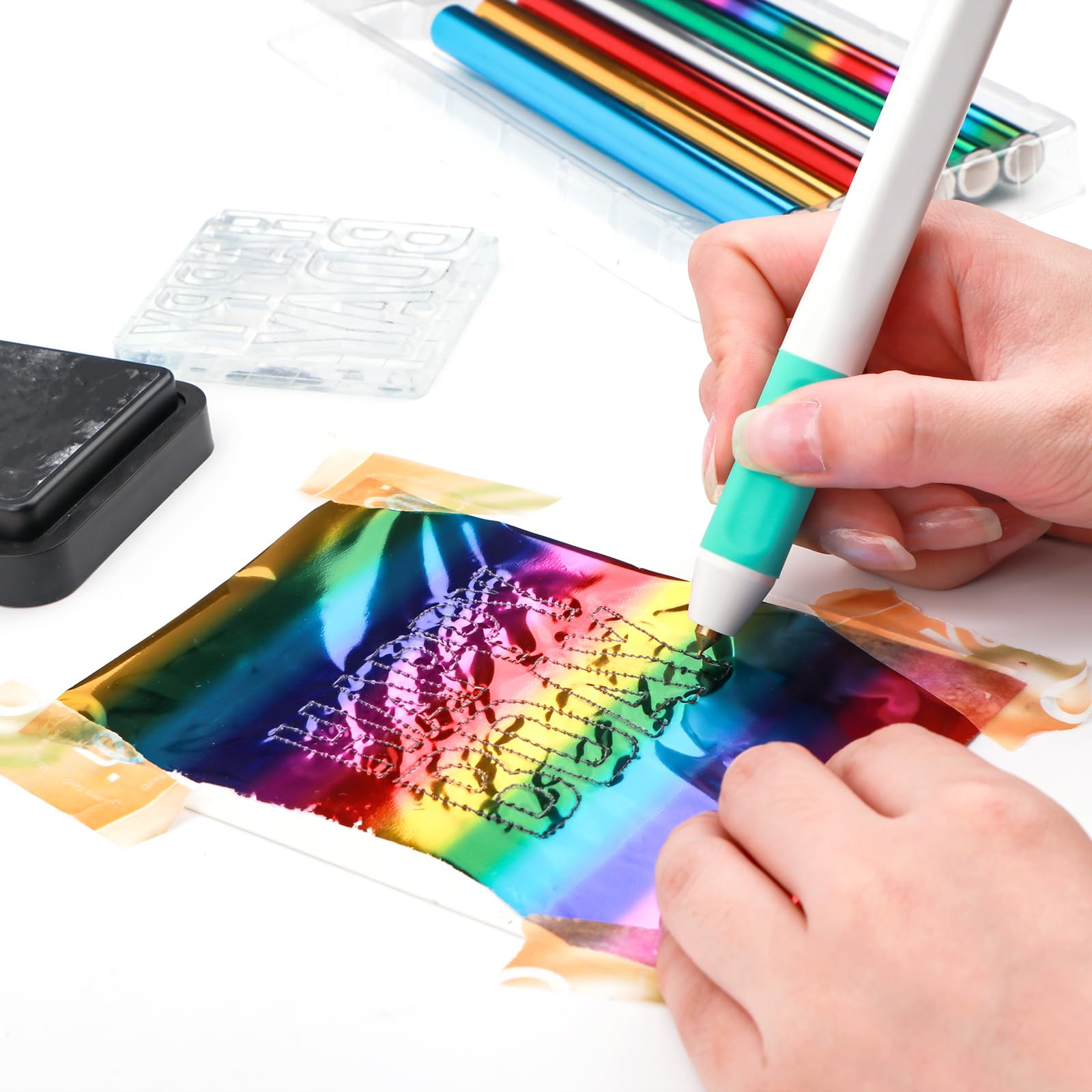 7 pennarelli termoadesivi e rotolo di lamine termoadesive per creazione di biglietti, artigianato, scrapbooking, penna da disegno con cavo USB DC5V per scrivere