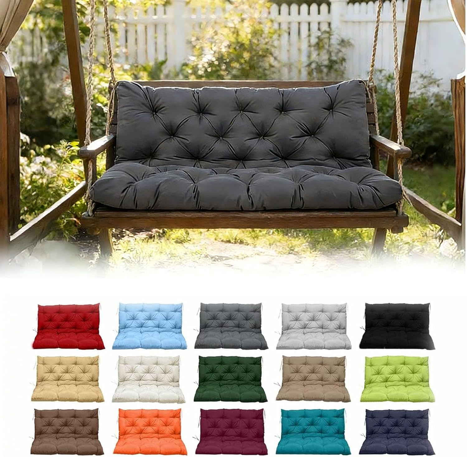 Porch Swing Cushion, 2-3 Seat Waterproof Outdoor Patio Swing Pad, Soft Comfort Fill with Adjustable Ties for Backyard/Patio Use/Long Bench(Dark Gray 48×40 in)
