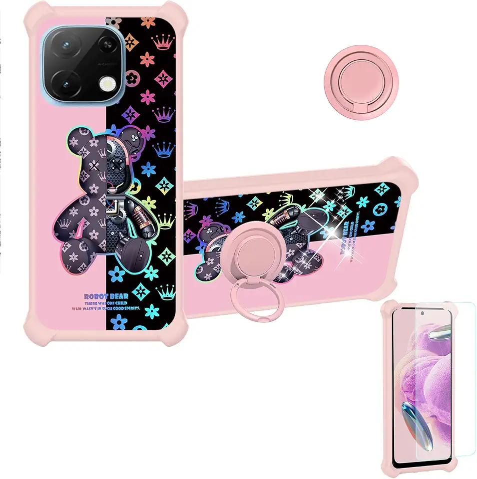 Capa para celular UMIDIGI Note 100 5g compatível com UMIDIGI Note 100A [com protetor de tela de vidro temperado][PC rígido + silicone macio][suporte para anel] [luz refletora colorida] IMDF-JXX