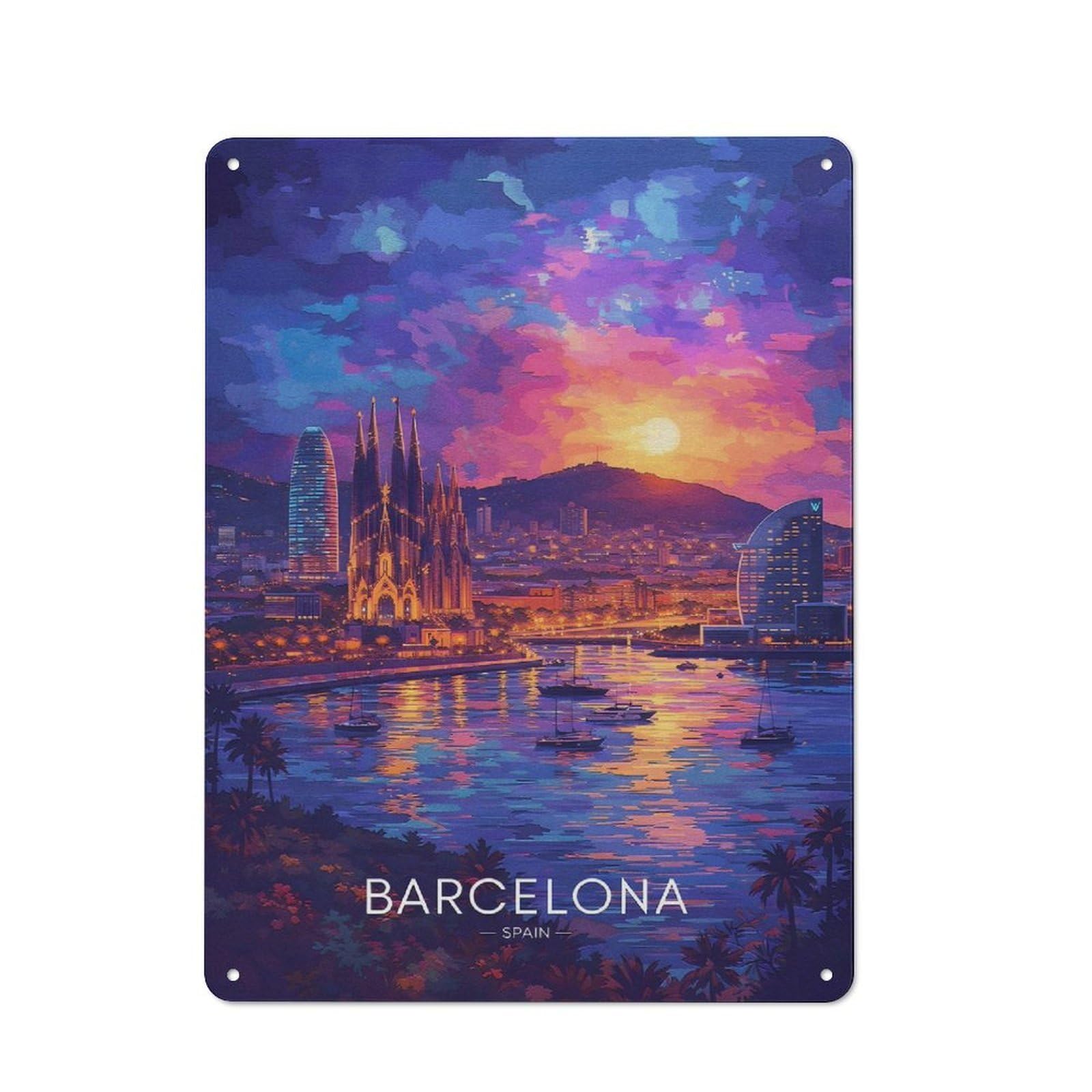 Junmoney Style-17 Tin Sign 40X30cm With Barcelona Cityscape At Sunset For Hallway Wall, Rustic Decor, For Vintage Wall Decor Fans, For Garage And Workshop Walls