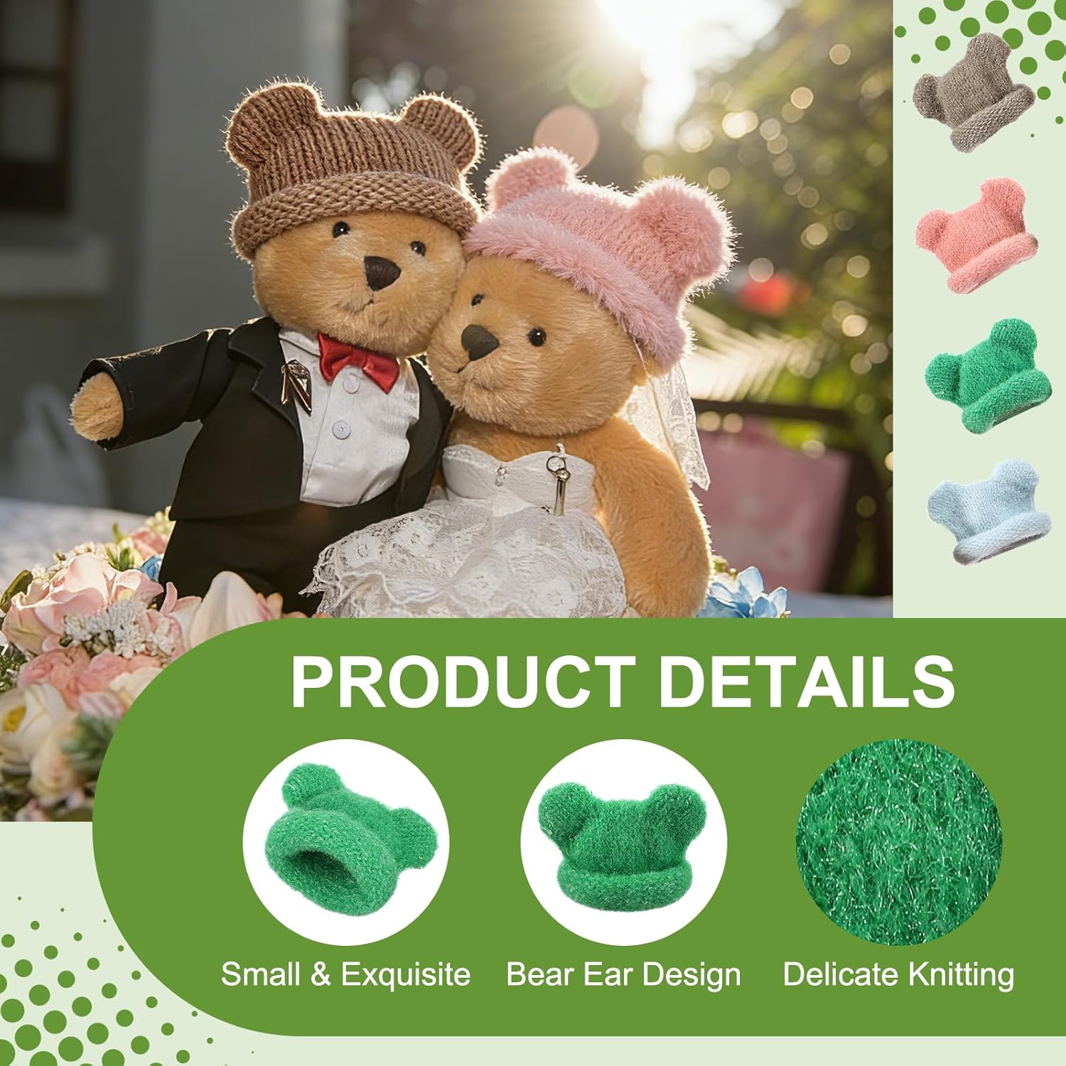 PATIKIL 2 Pcs Mini Knit Hats for Dolls, Grass Green Yarn Doll Caps Bear Ear for Craft Plush Toys Winter Decor Snowman Hair Accessories DIY Christmas Ornaments