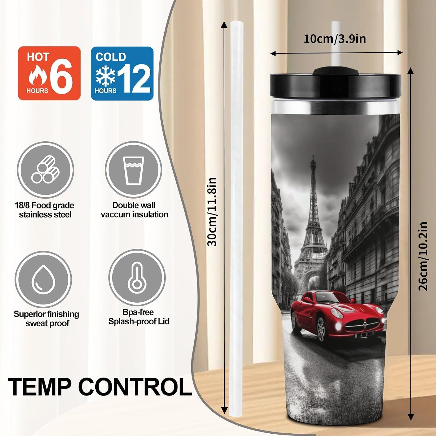Stainless Steel 40oz Tumbler Travel Mugs, City Street Red Car image 2