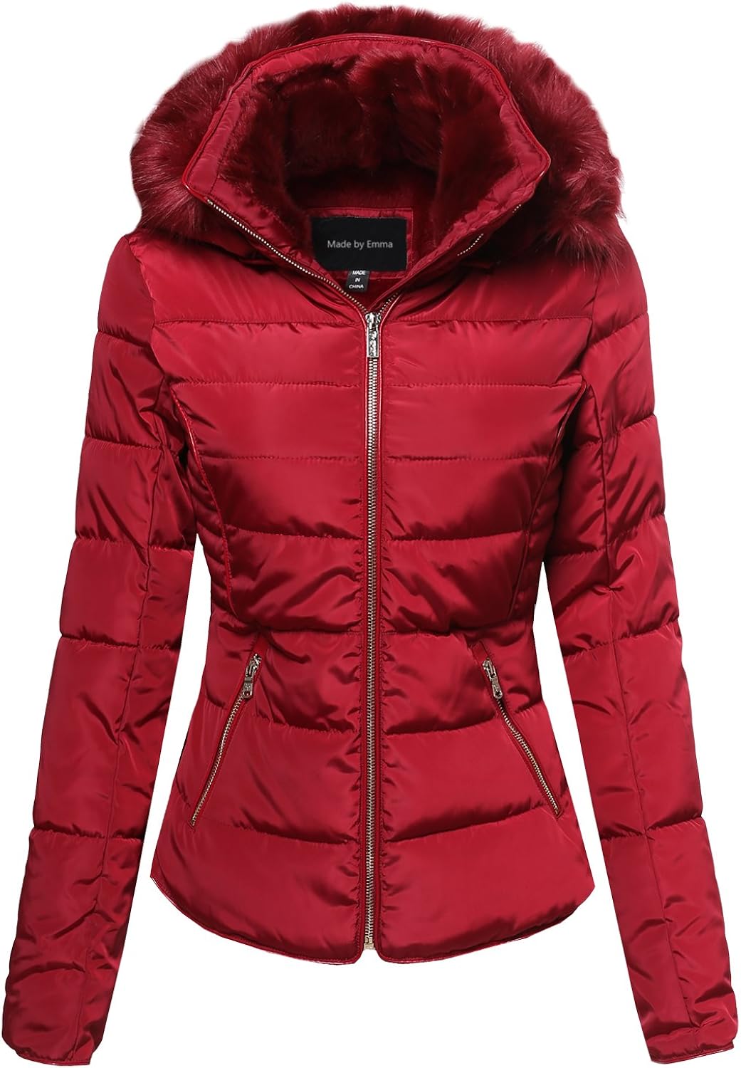 Women's Junior Fit Quilted Puffer Jacket with Detachable Faux Fur Hood