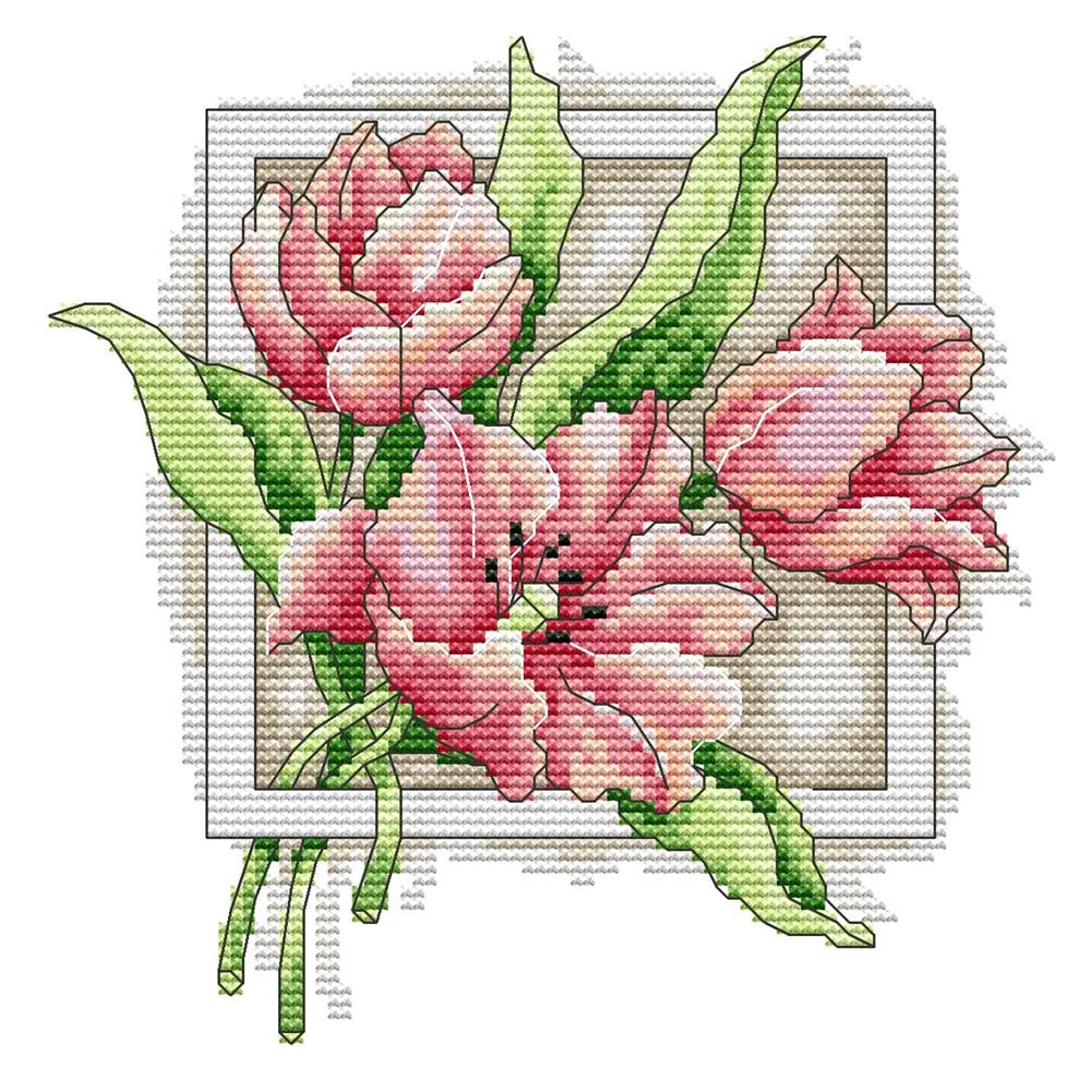 Awesocrafts Kreuzstich Set Tulpen – Vorgedruckter Stoff 11CT, Inkl. Garn & Nadel