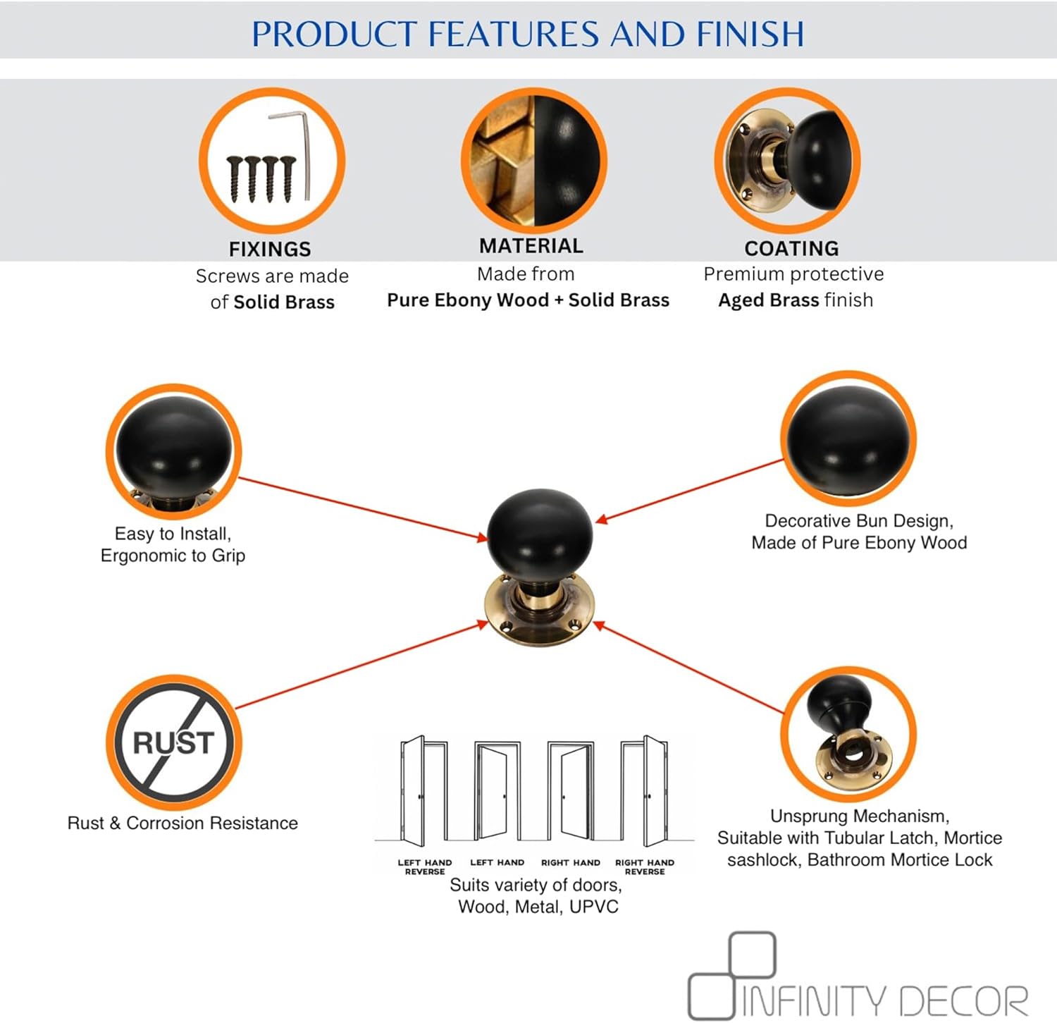 Infinity Decor Pure Ebony Wood Door Knobs/Victorian Style Solid Natural Ebony Bun Mortice Door Knob Set Aged Brass