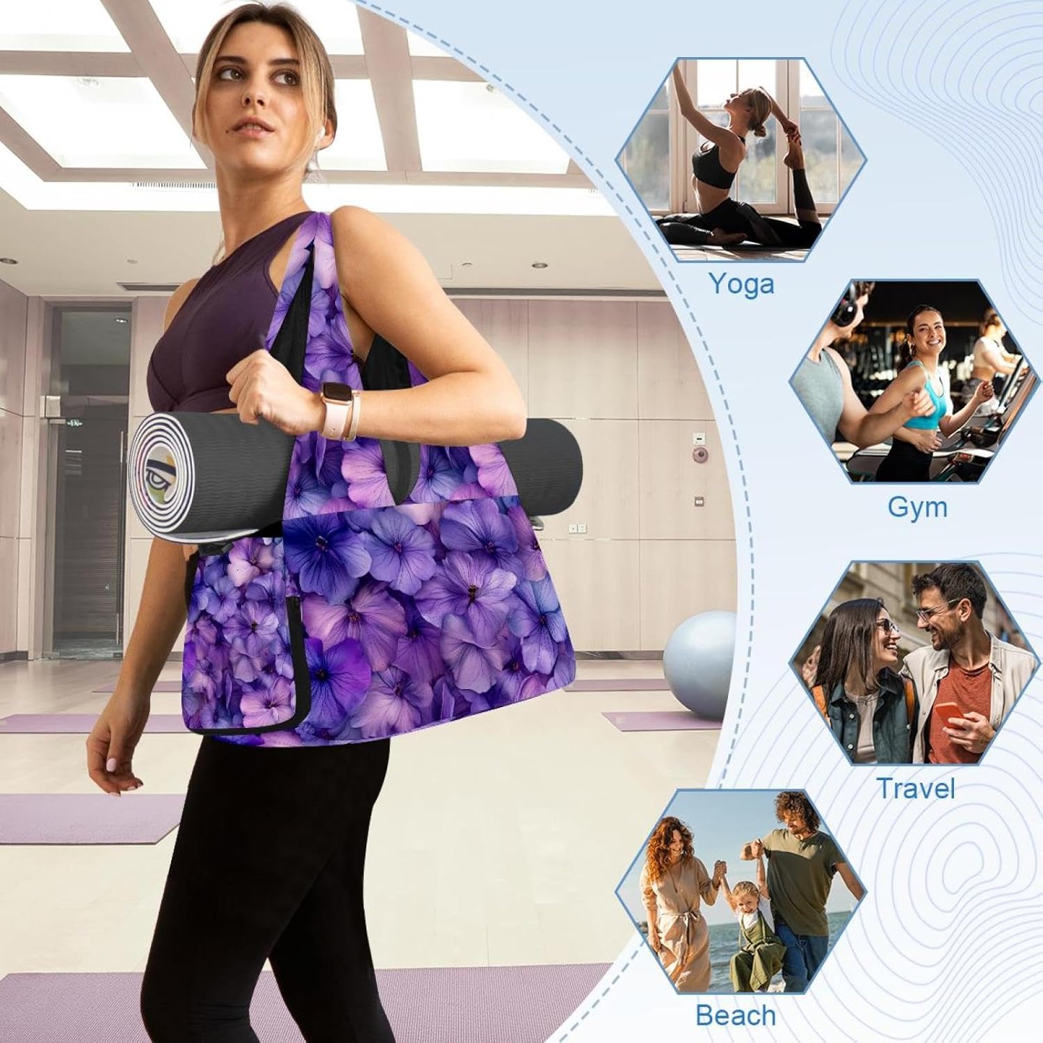 Gym Bag for Women, Purple Violet Flowers Yoga Mat Bag with Shoe Compartment, Sport Yoga Gym Bag with Yoga Strap, Carryall Yoga Tote Bag