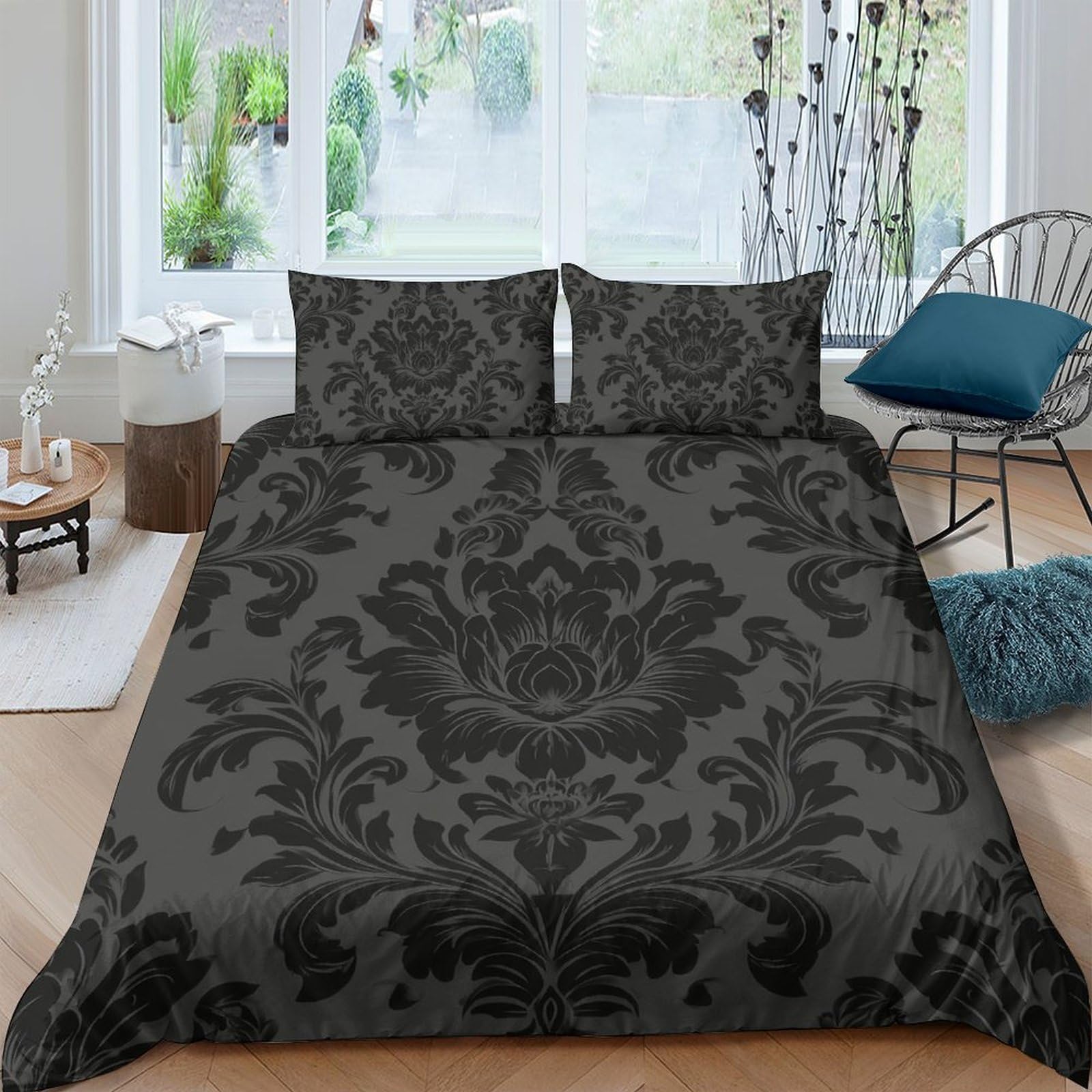 GPLZQXKJNH 3D Printed Baroque Floral Duvet Cover Set Microfiber Soft Dark Pattern Quilt Cover with 2 Pillowcases for Bedroom Decor Single（135x200cm）