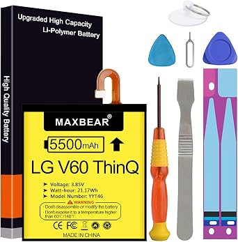 MAXBEAR V60 ThinQ 5G Battery, Upgraded 5500mAh 3.85V Li-Polymer Replacement Battery for LG V60 ThinQ 5G BL-T46 LM-V600TM T-Mobile/Sprint/U.S. Cellular with Repair Tool Kit