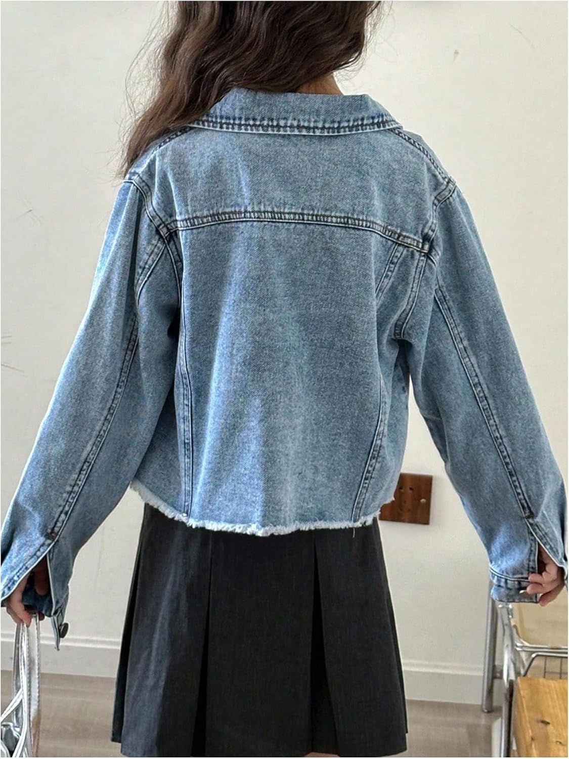 GORGLITTER Girl's Crop Denim Jacket Long Sleeve Raw Hem Button Down Jean Jacket Fall Outerwear