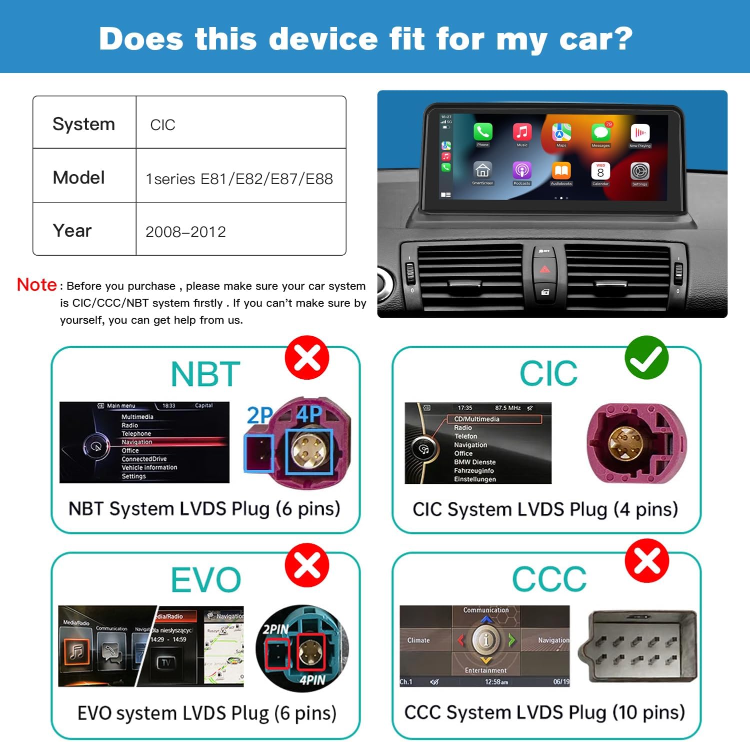 Wireless Carplay/Android Auto 10.25'' Touch Screen Multimedia Radio Receiver for BMW 1er E81 E82 E87 E88 2004-2008 CIC Car Radio Retain Original Amprifier Stereo Sound System HD 1920 * 720