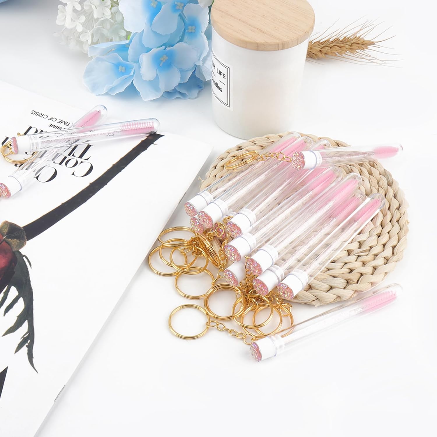 20pcs Mascara Wands Set Crystal Eyelash Spoolies Eyebrow Brush and Reusable Diamond Key Chain Tube Eyelash Extension Supplies (Pink)