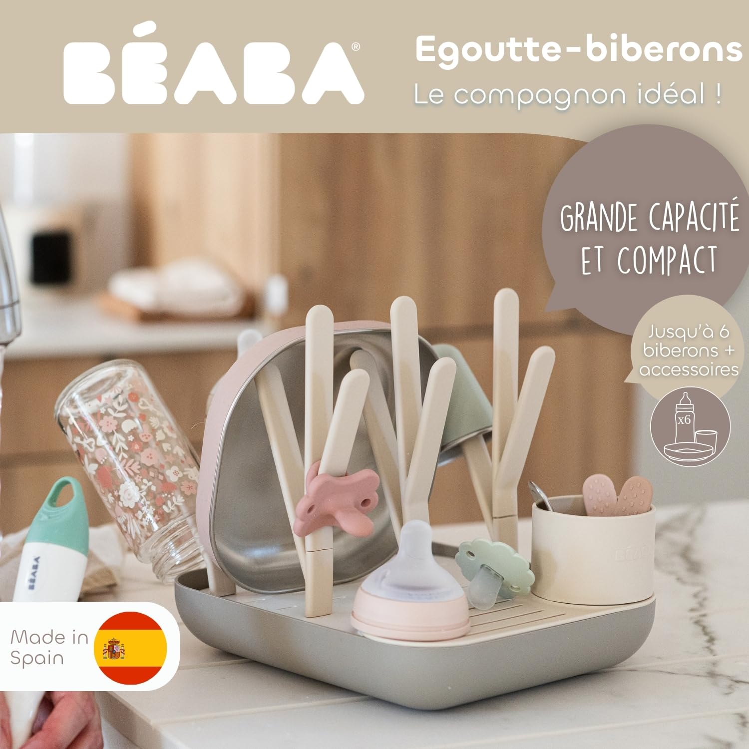 Béaba, Egoutte-biberons et Séchoir, Grande Capacité, Modulable, Jusqu'à 6 Biberons et Vaisselle Enfant, Pot à Accessoires, Ecoulement Optimisé, Facile à Ranger, Compact, Pratique, Argile