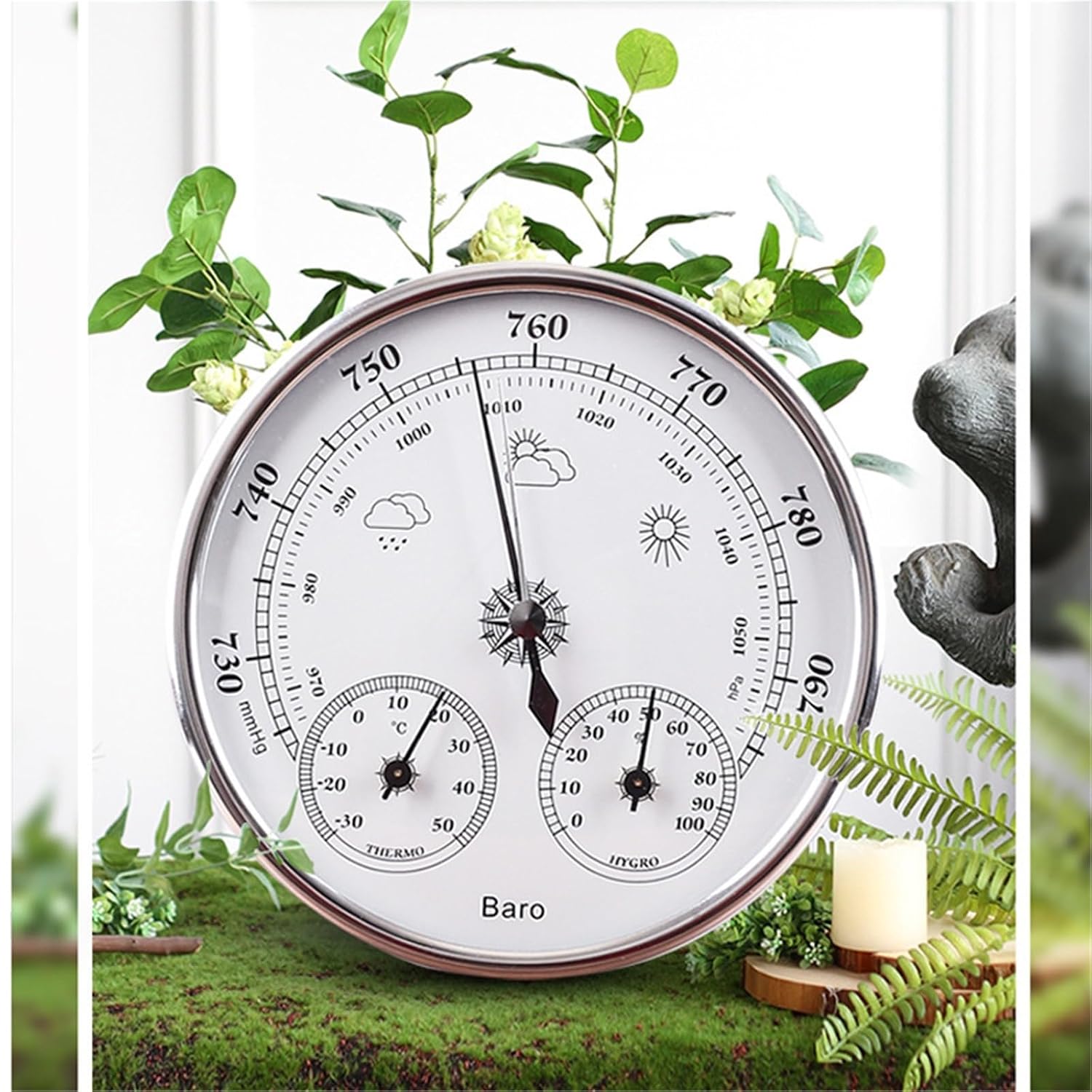 Stainless Steel Environmental Monitor Barometers Thermometers Hygrometer 128mm Diameter Display Large for Fishing(Silver)