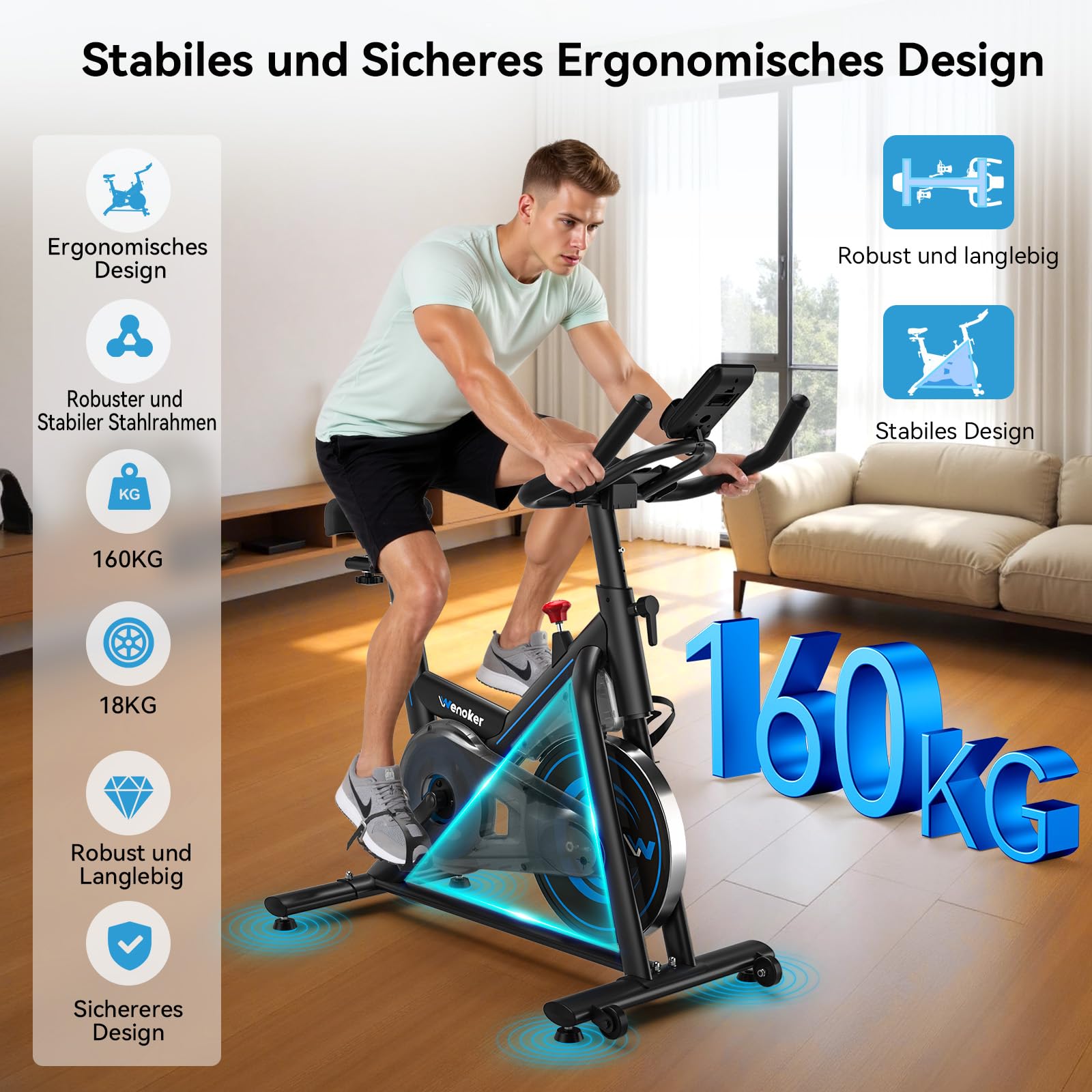 Wenoker Rower stacjonarny z aplikacją,Cichy ergometr z oporem magnetycznym,Rower spinningowy do domowych treningów cardio,Do 160 kg