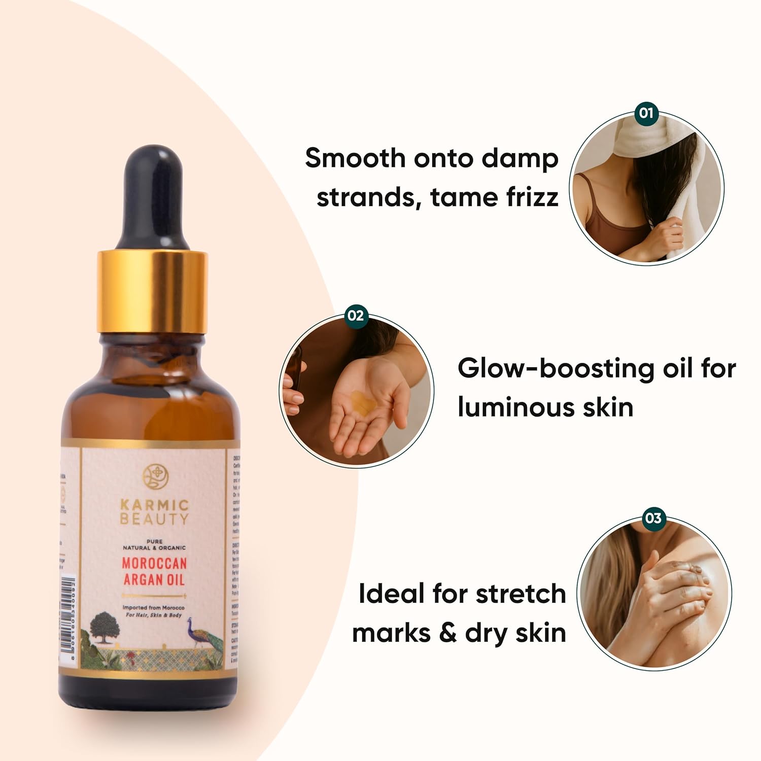 KARMIC BEAUTY 100% Pure, Natural & Organic Moroccan Argan Oil | Lightweight, Non-Greasy & Luxurious Oil | Ideal for all Hair, Skin & Body Types | ECOCERT & USDA Certified Organic | 1.7 fl oz