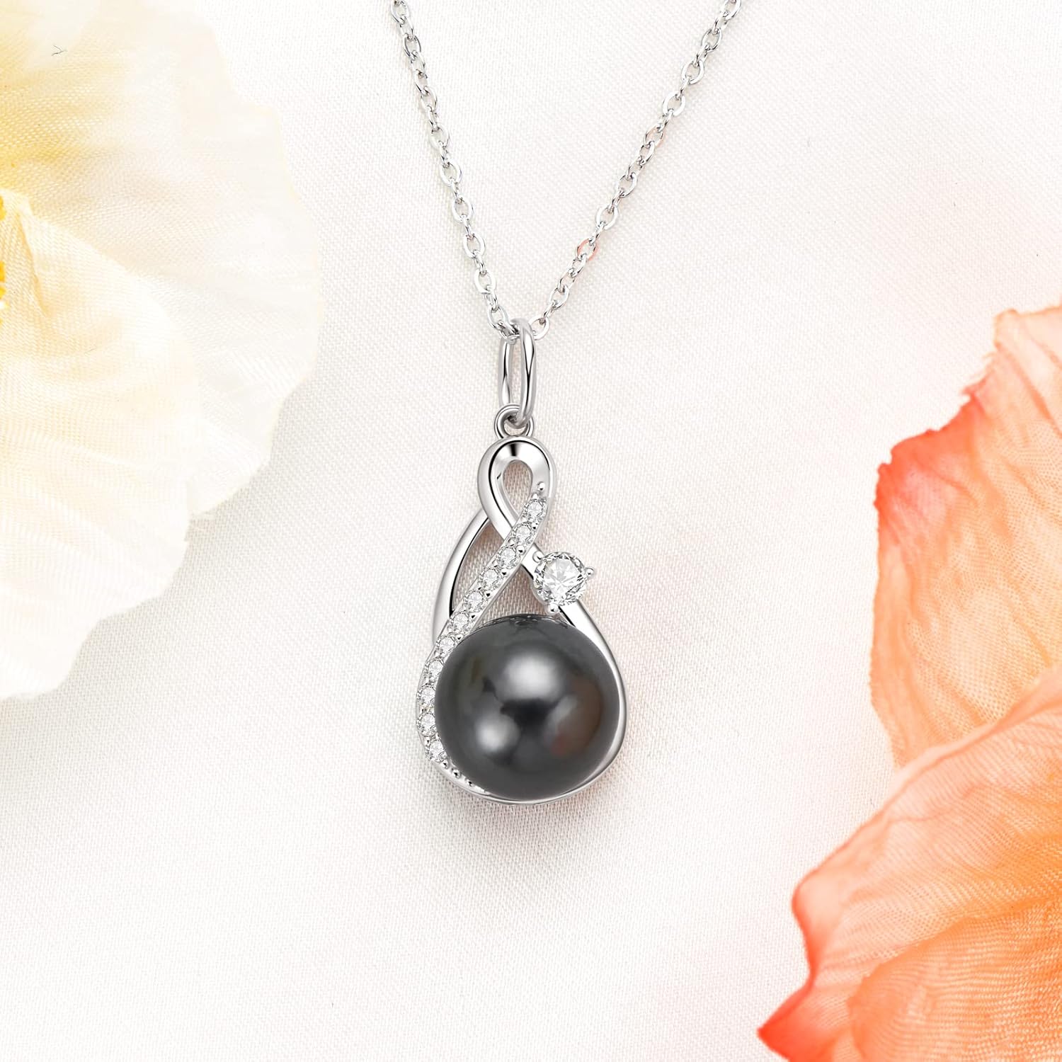 Tahitian Black Pearl Necklace for Women Genuine 9-10mm Round Tahitian Cultured Pearls Pendant 18K Gold Plated 925 Sterling Silver - Jewelry Gifts for Mom Wife Daughter