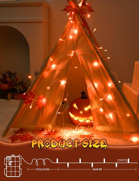 cshare Orange Halloween String Lights Battery Operated with Timer, 9.8ft 30 LED Waterproof Fairy Lights Clear Wire for Pumpkin, Wreath, Porch, Trunk or Treat, Fall Thanksgiving Indoor Outdoor Decor
