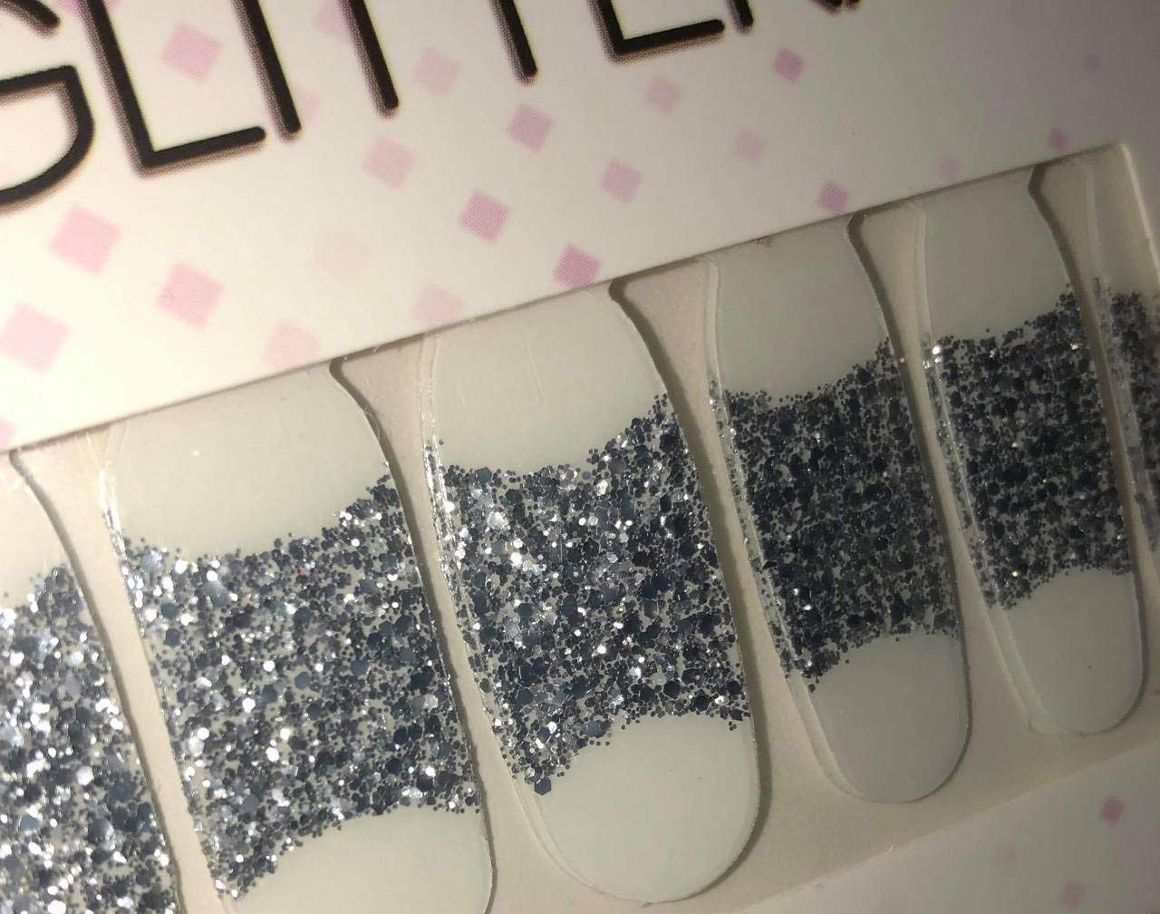 Review Nail Strips by GLITTERATI - Easy to Apply Self Adhesive Real Nail Art Decals, Full Wrap Stickers - Silver Glitter French Nail Tips, 18 Count with Nail File …