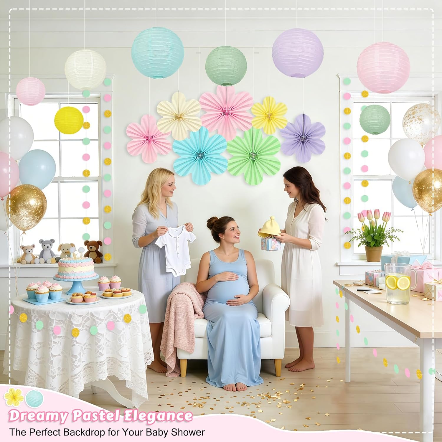 20Pcs Pastel Party Decorations & Hanging Paper Lanterns - Flower Fans Set with Glitter Garland for Pastel Classroom Decor, Office, Baby Shower, Wedding, Spring & Easter Wall Decor - Image 7