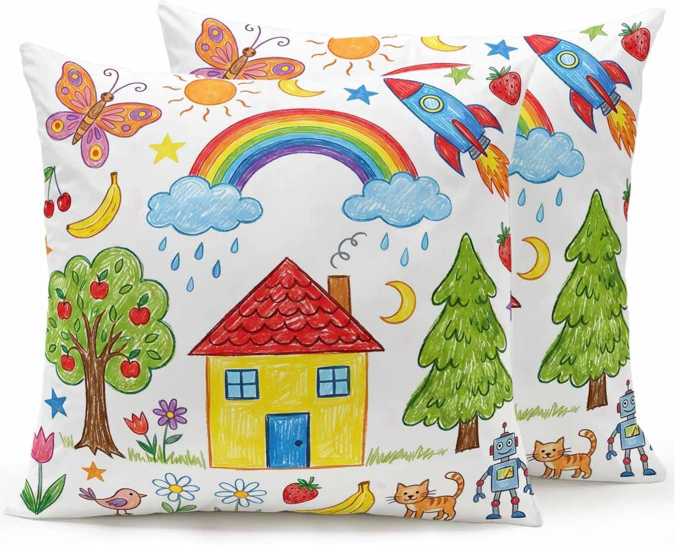 Set of 2 Outdoor Pillows Waterproof, Children's Day Indoor/Outdoor Throw Pillows with Inserts, Cartoon Painting Rainbow Rocket Butterfly Decorative Pillow for Patio Furniture Chairs Couch 18"x18"
