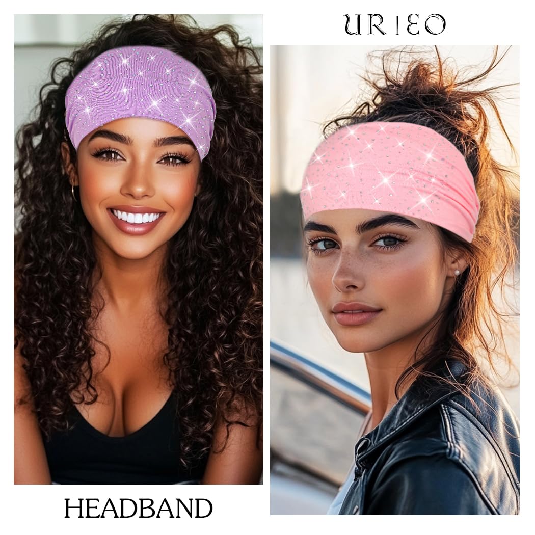 Urieo Rhinestones Headband Wide Glitter Headbands for Women (Pink)