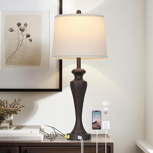 Lámpara de mesa marrón oscuro de 30 pulgadas, lámpara de noche individual con control táctil de 3 vías con puertos USB A+C y salida de CA, lámparas