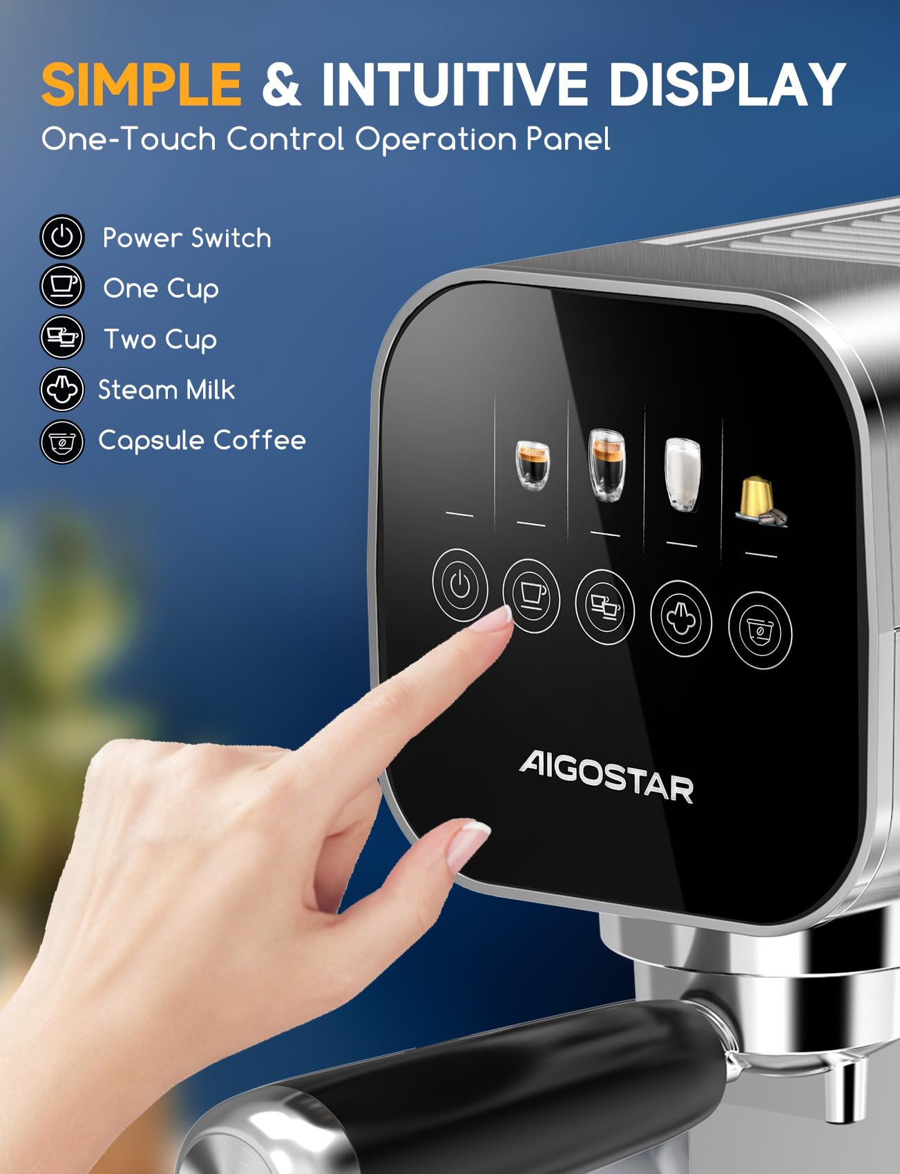 Aigostar - Kuchenka ekspresowa z sitkiem, Zgodna z kapsulkami i mielonym kawą, 20 barów, Cyfrowe panel dotykowy, 1/2 kubków, Kuchenka ekspresowa z miksownikiem do mleka, 0,9 l, 1350 W, Stal nierdzewna |