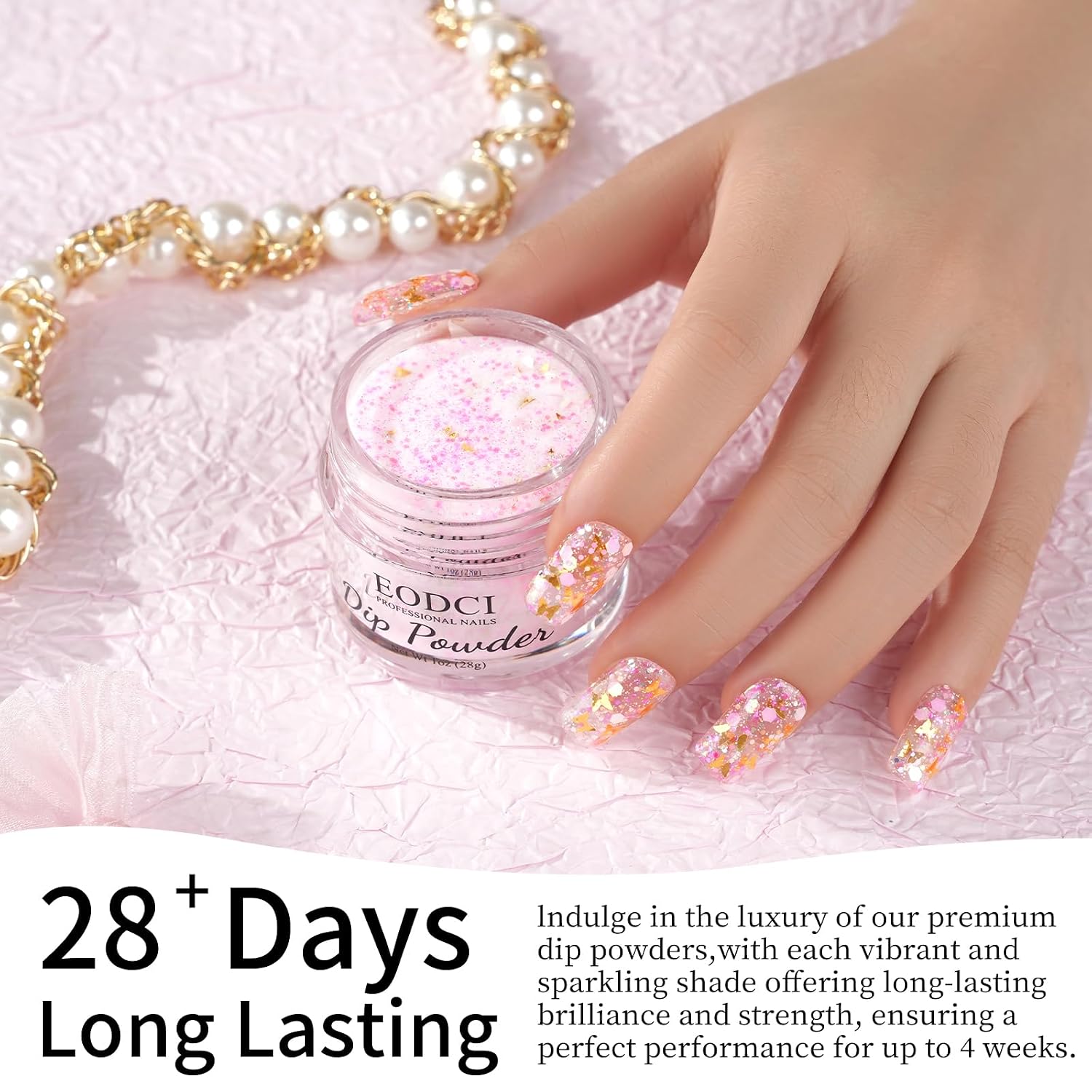 EODCI Pink Gold Butterfly Chunky Glitter Dip Powder, 1OZ(28g) Nail Dipping Powder Lasting Up to 28 Days, DIY Salon French Manicure Decor Acrylic Dip Powder for Nail Art Design